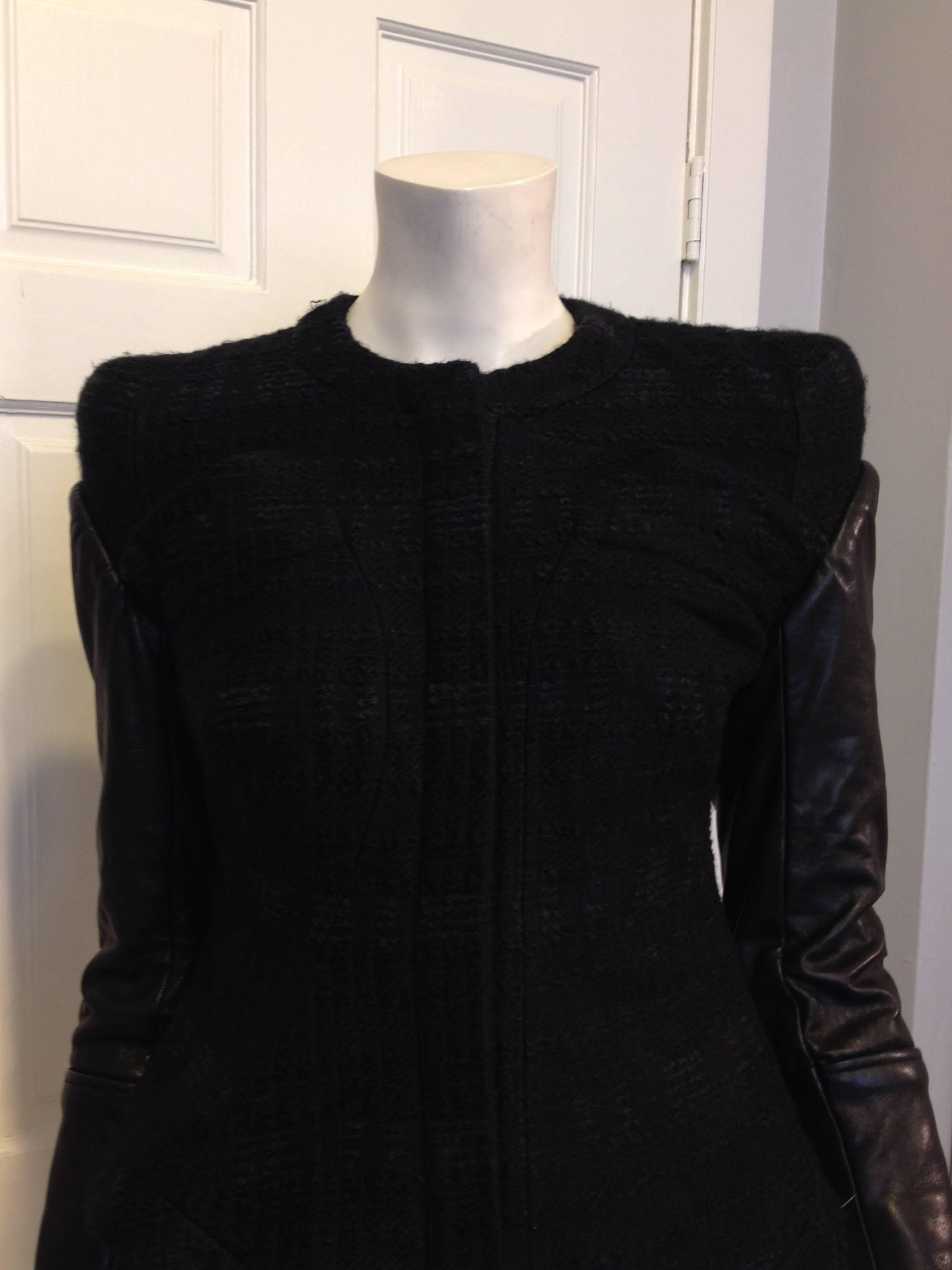 Women's Givenchy Black Tweed Jacket with Leather Sleeves