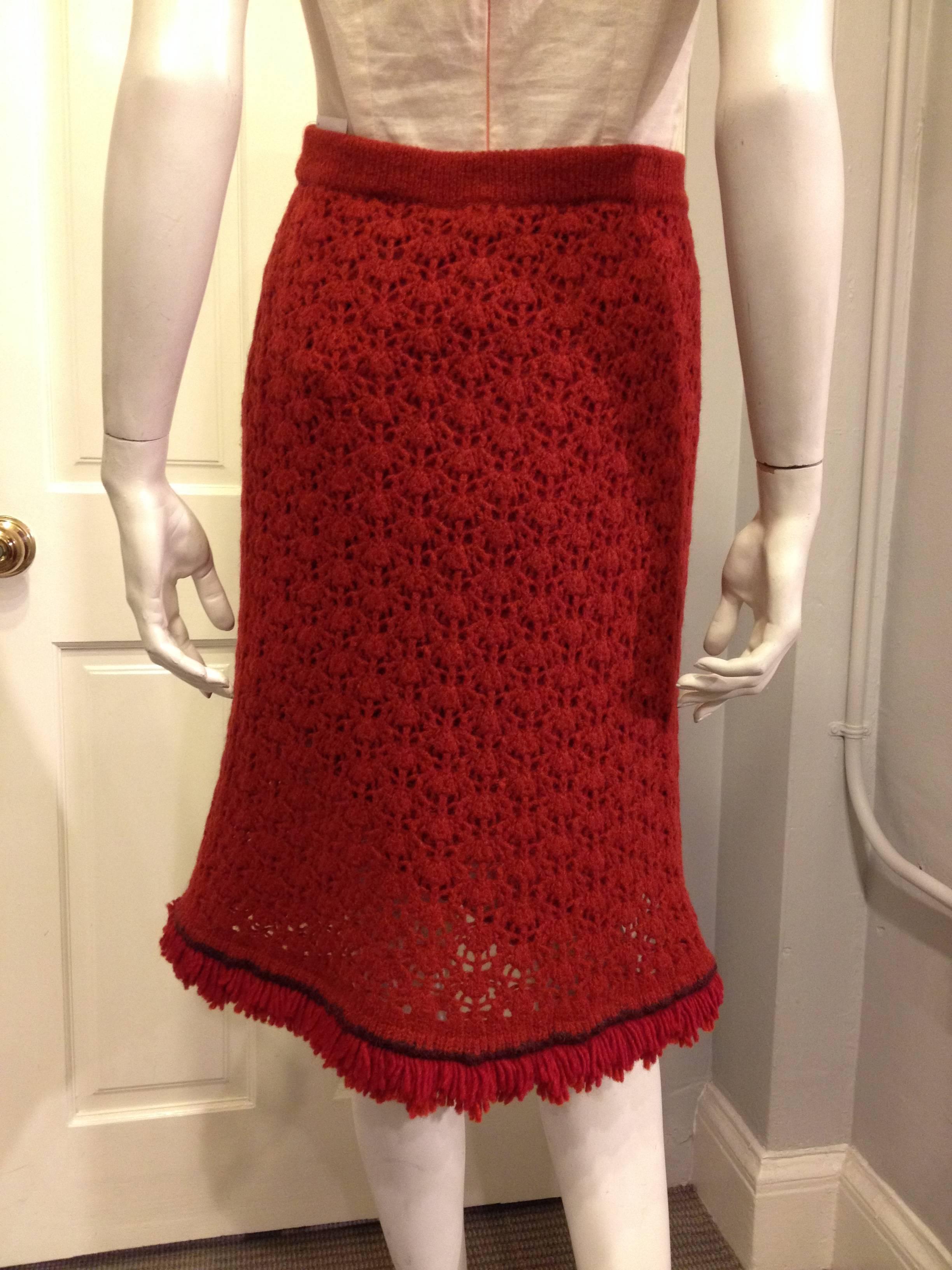 Red Chanel Rust Knit Fringed Skirt