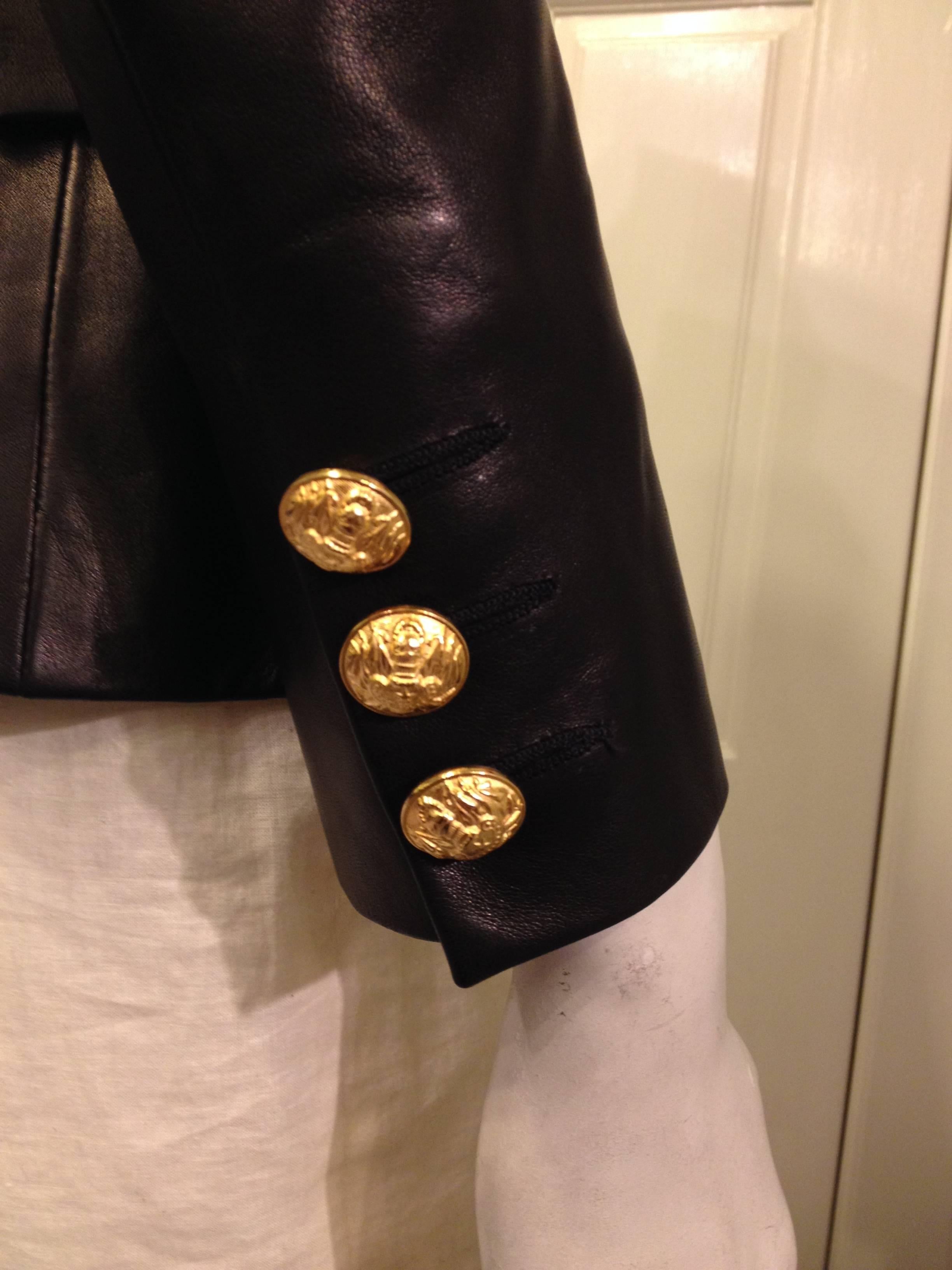 Women's Balmain Black Leather Blazer with Gold Buttons