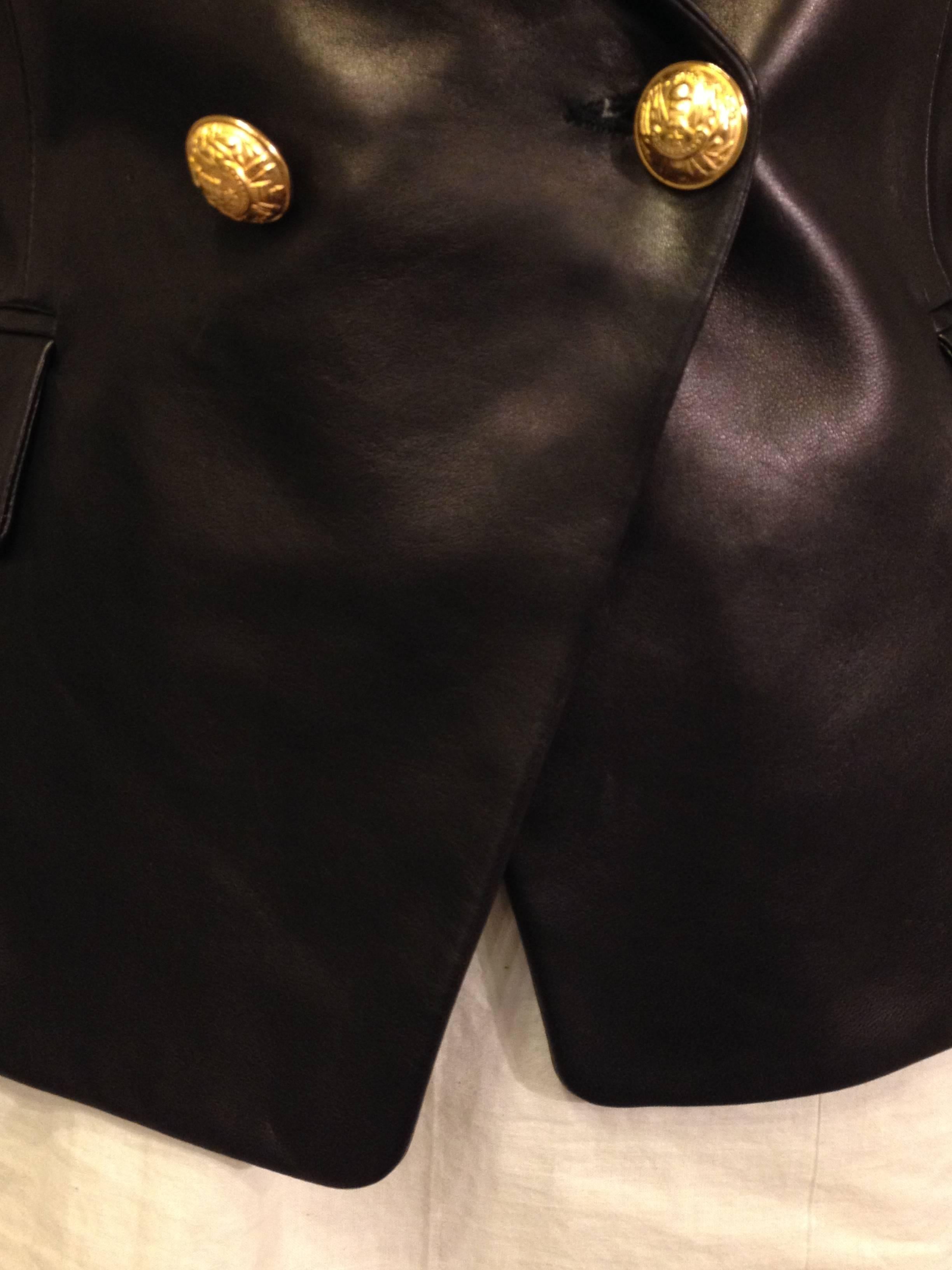 Balmain Black Leather Blazer with Gold Buttons In Excellent Condition In San Francisco, CA