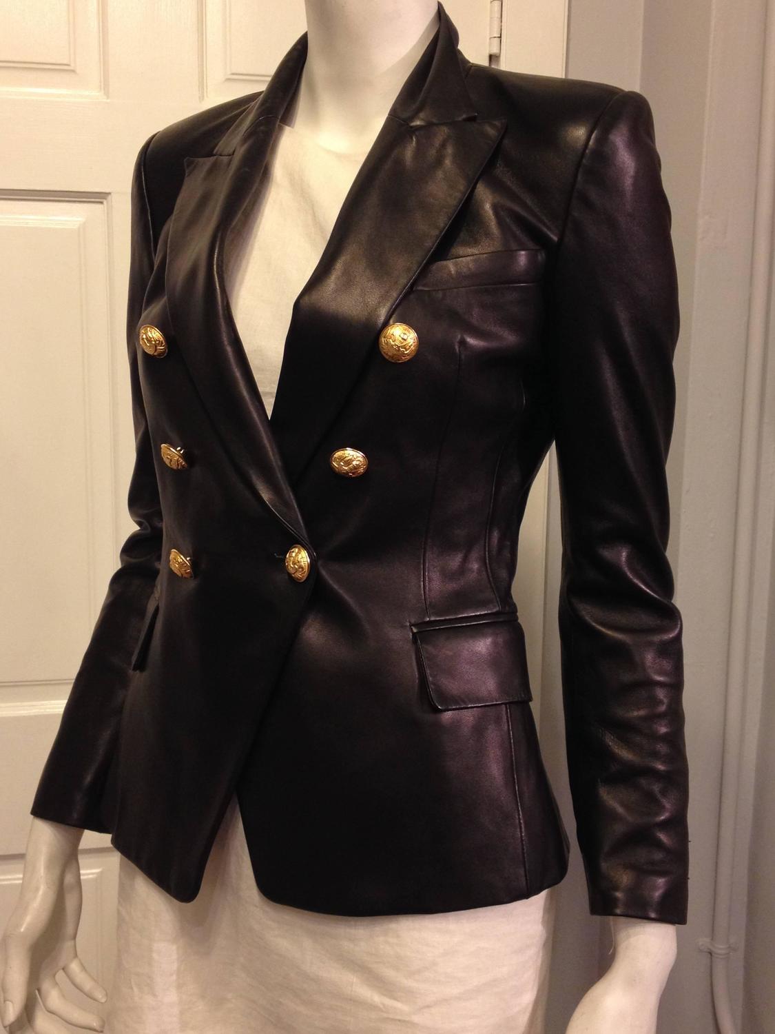 Balmain Black Leather Blazer with Gold Buttons at 1stdibs