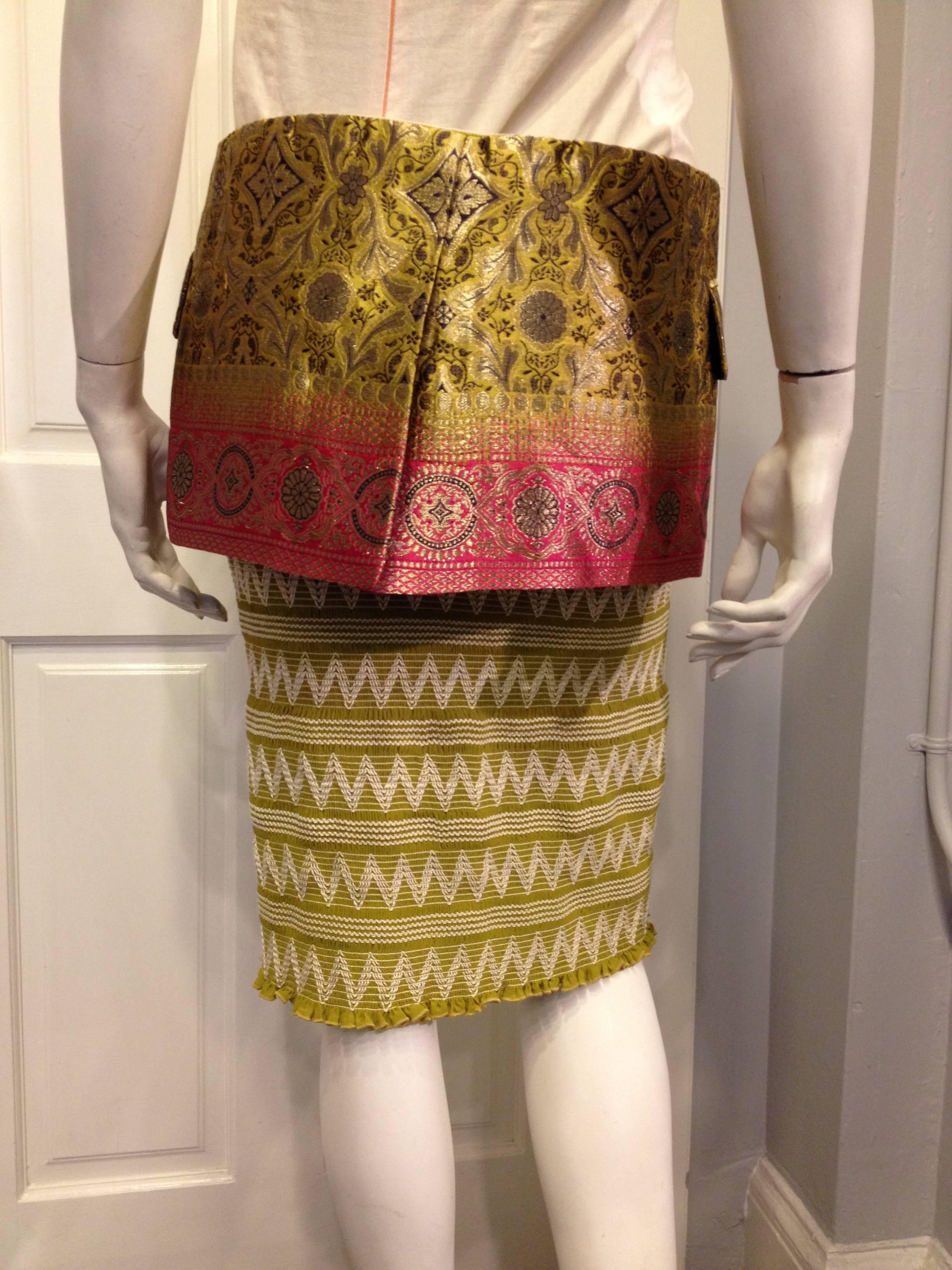 Brown Christian Dior Chartreuse and Pink Layered Skirt