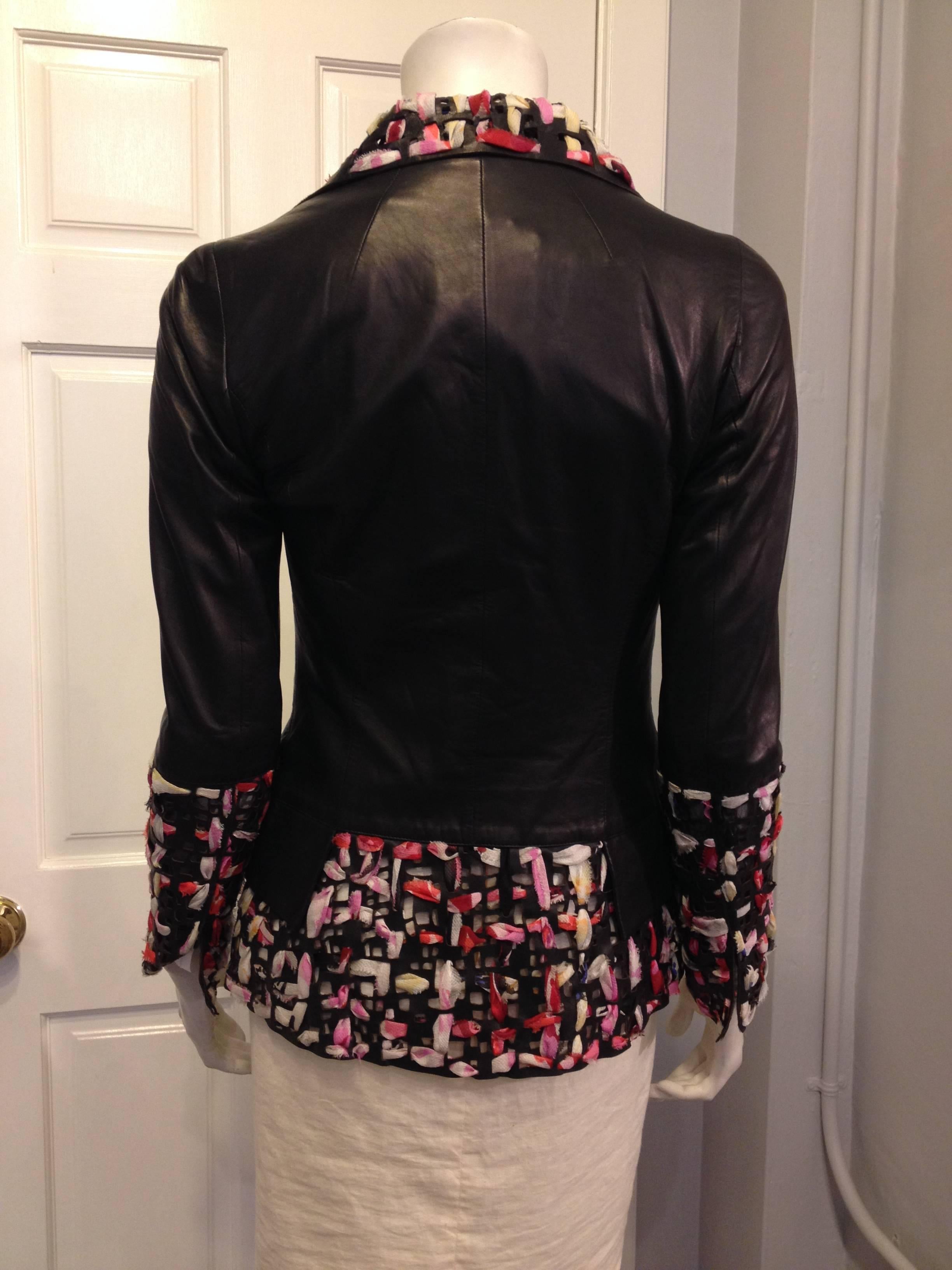 Chanel Black Leather Cutout Jacket with Silk Ribbon In Excellent Condition In San Francisco, CA