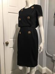 Chanel Black Short-sleeved Wool Dress With Gripoix Buttons Sz 38 (Us 6)