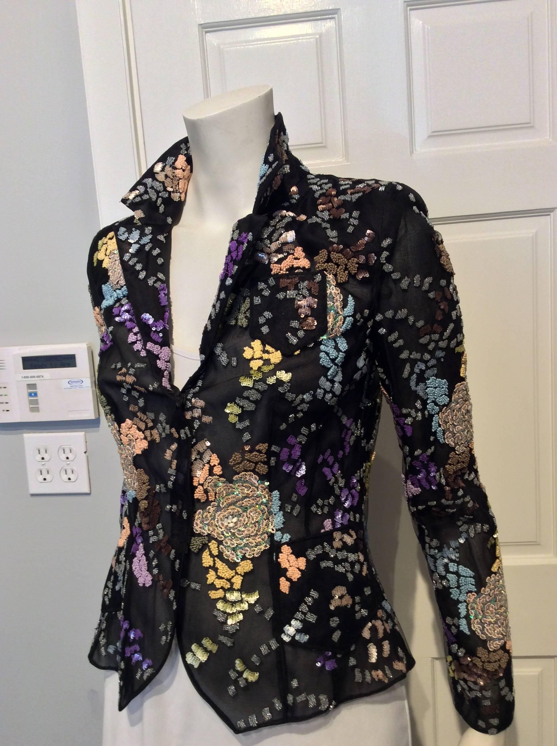 Giorgio Armani Black Mesh Floral Beaded Blazer Size 38 (4) In New Condition In San Francisco, CA