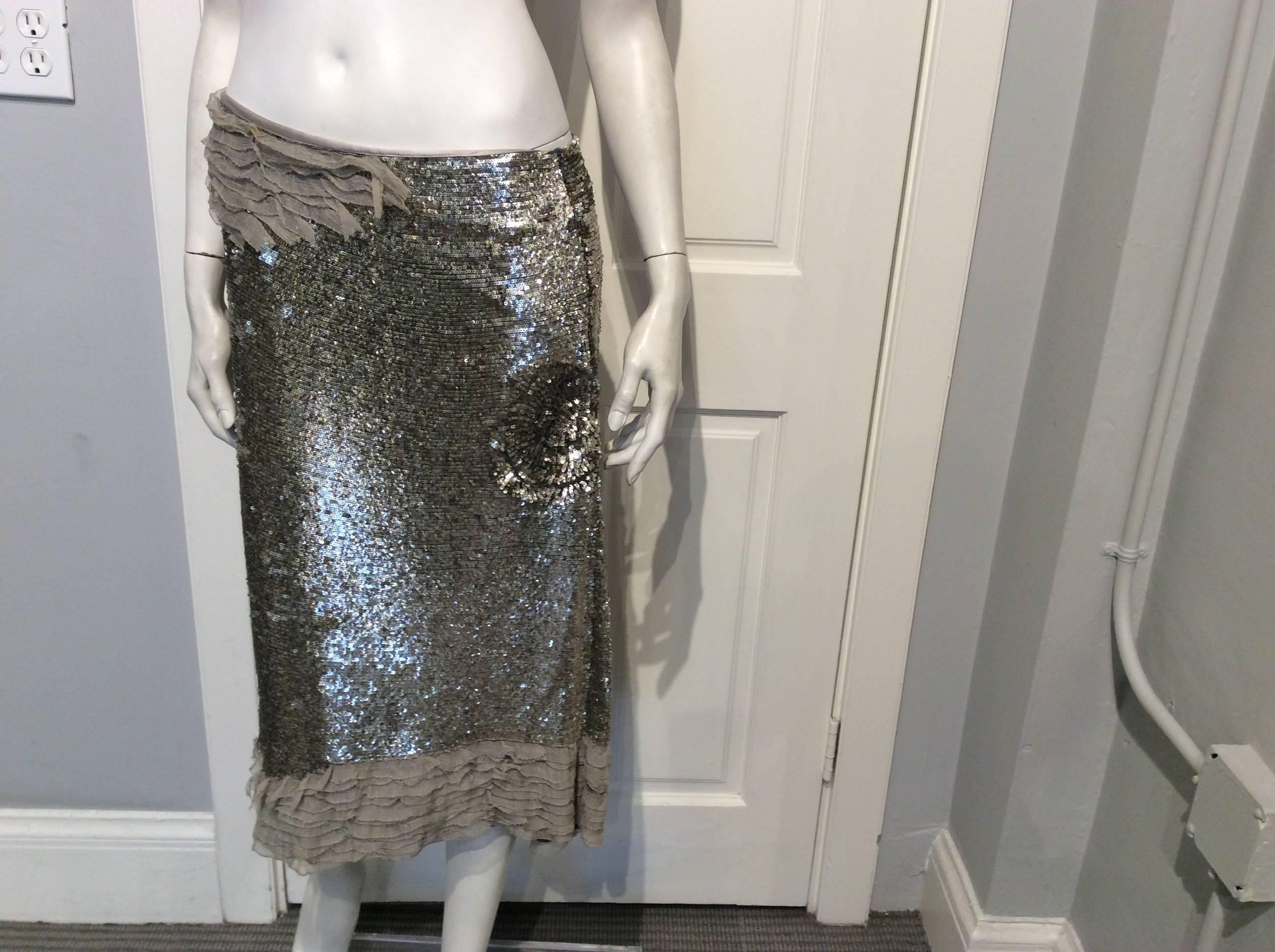 Women's Maurizo Pecoraro Silver Sequin Skirt Sz 44 For Sale