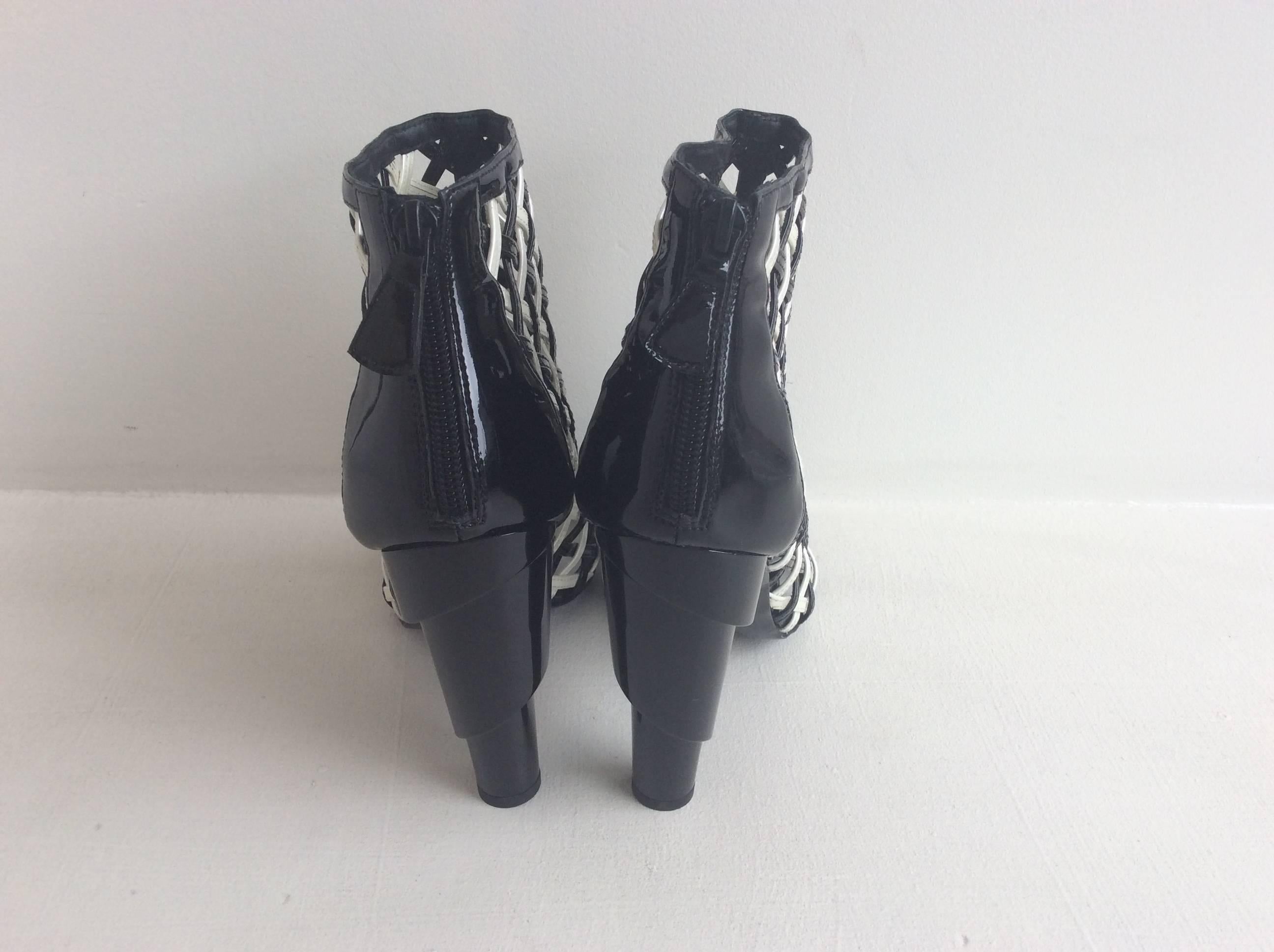 Chanel Black And White Cage Booties SZ 38.5 In New Condition For Sale In San Francisco, CA