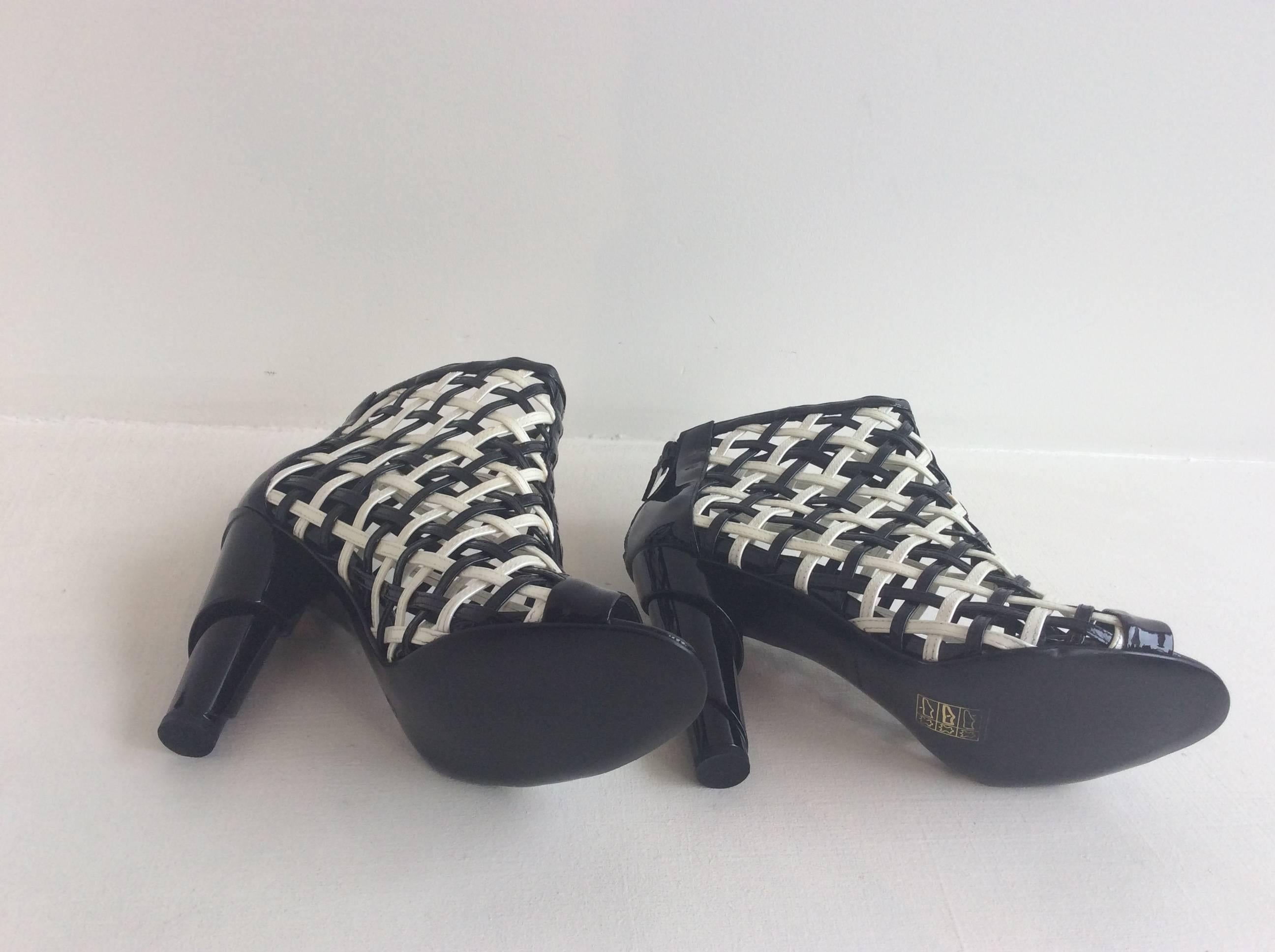 Women's Chanel Black And White Cage Booties SZ 38.5 For Sale
