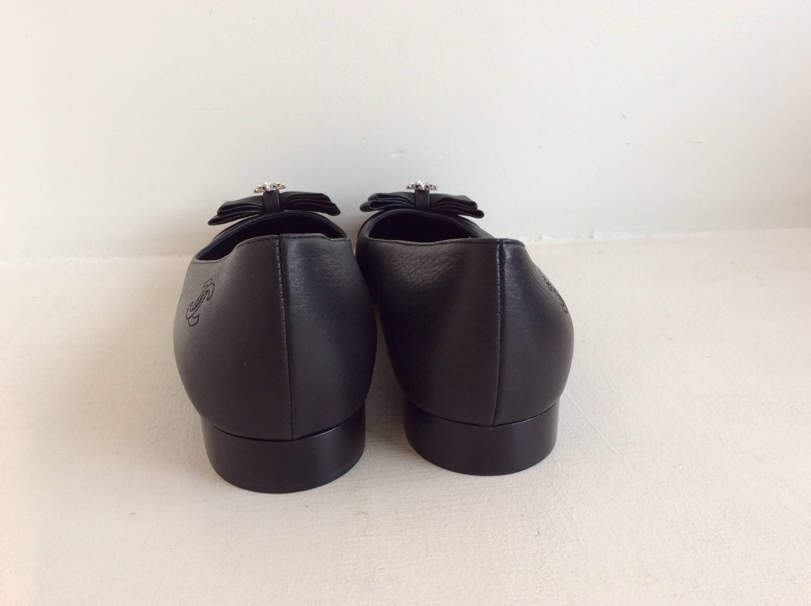 Chanel Black Leather Ballerina Flats Sz 37.5 In New Condition In San Francisco, CA