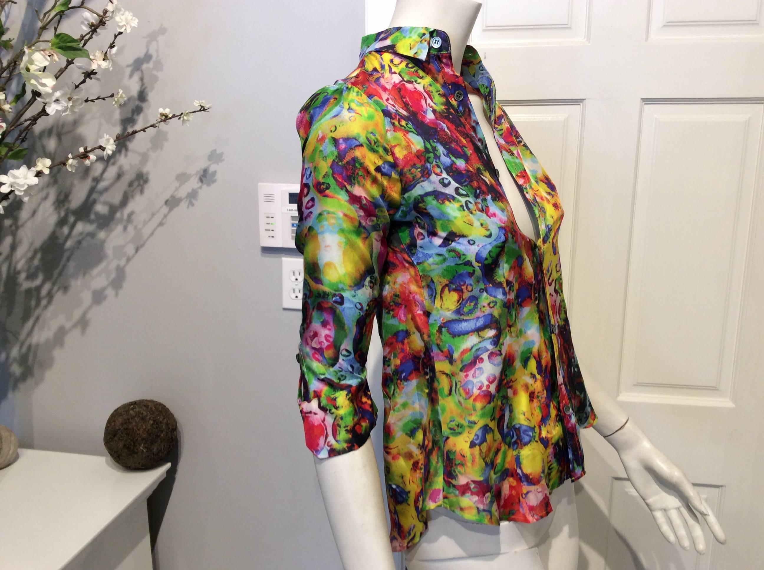 Yohji Yamamoto Silk Shirt With A Bright Abstract Print Sz S In New Condition For Sale In San Francisco, CA