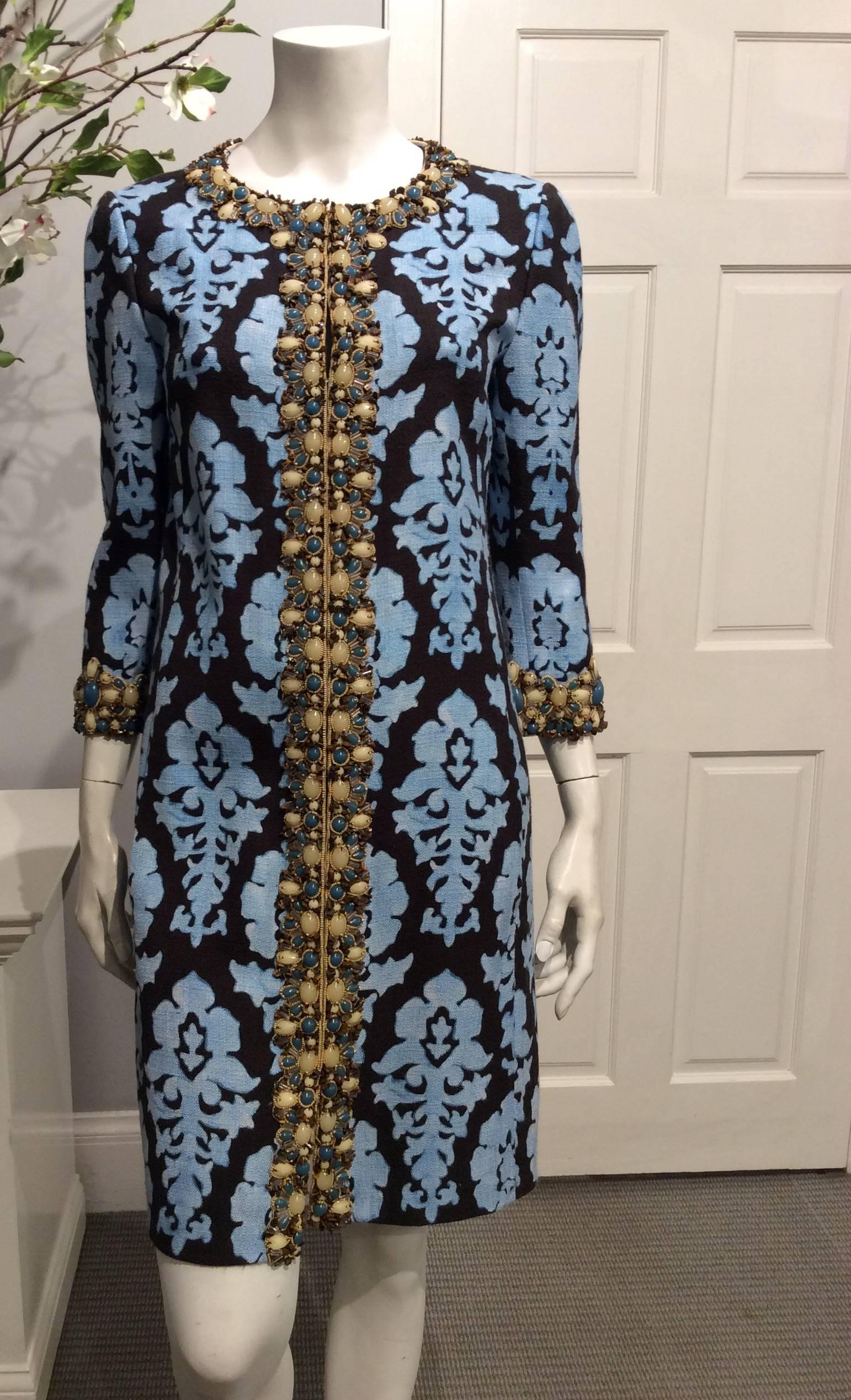 Andrew GN Light Blue And Brown Print Coat Sz 6 In Excellent Condition In San Francisco, CA