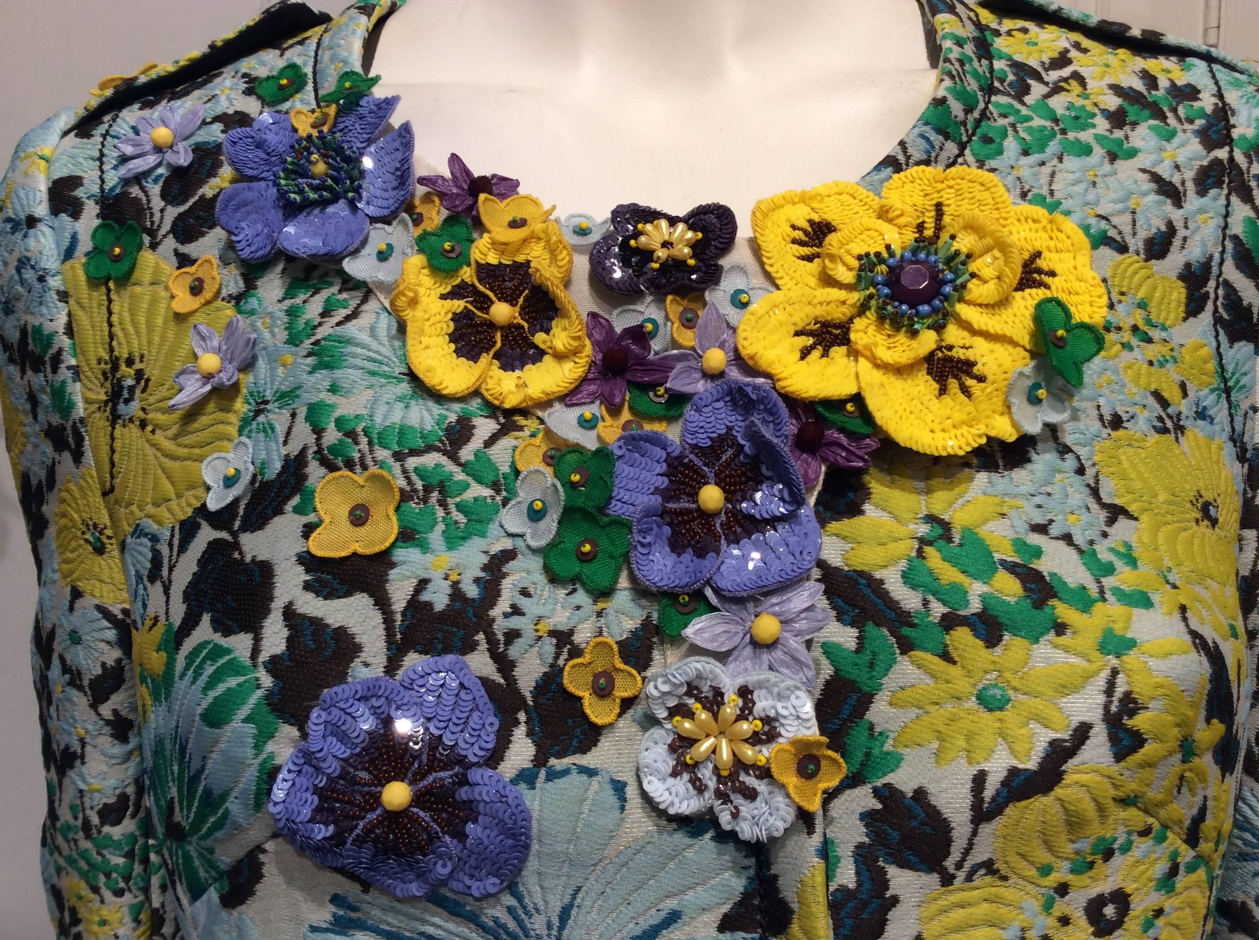 Andrew GN Multicolor Floral Coat With Appliqué Sequins Flowers Sz 8 In Excellent Condition In San Francisco, CA