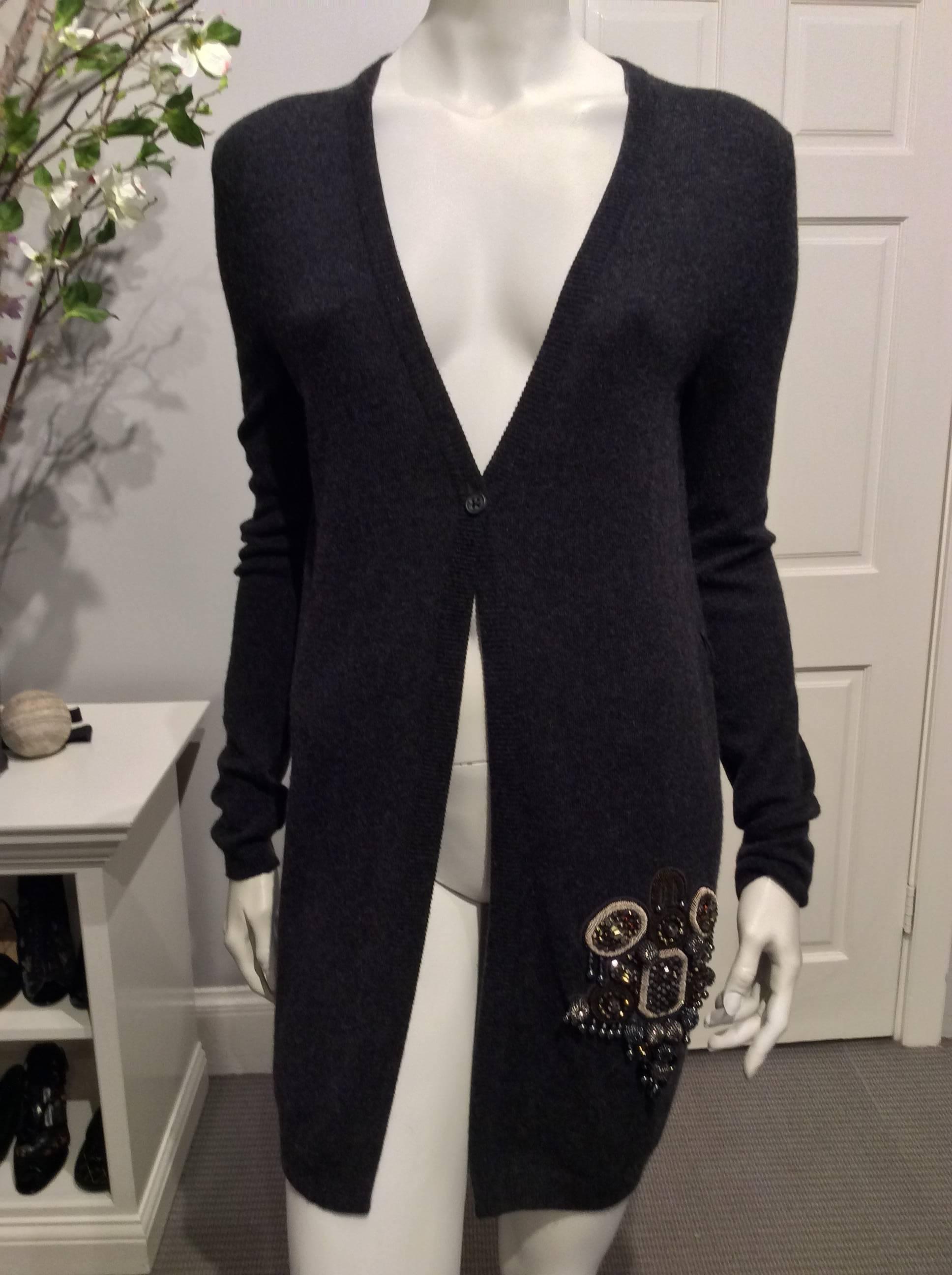 6267 Dark Grey Long Cashmere Cardigan With Embellishment Sz42 (Us6) In New Condition For Sale In San Francisco, CA