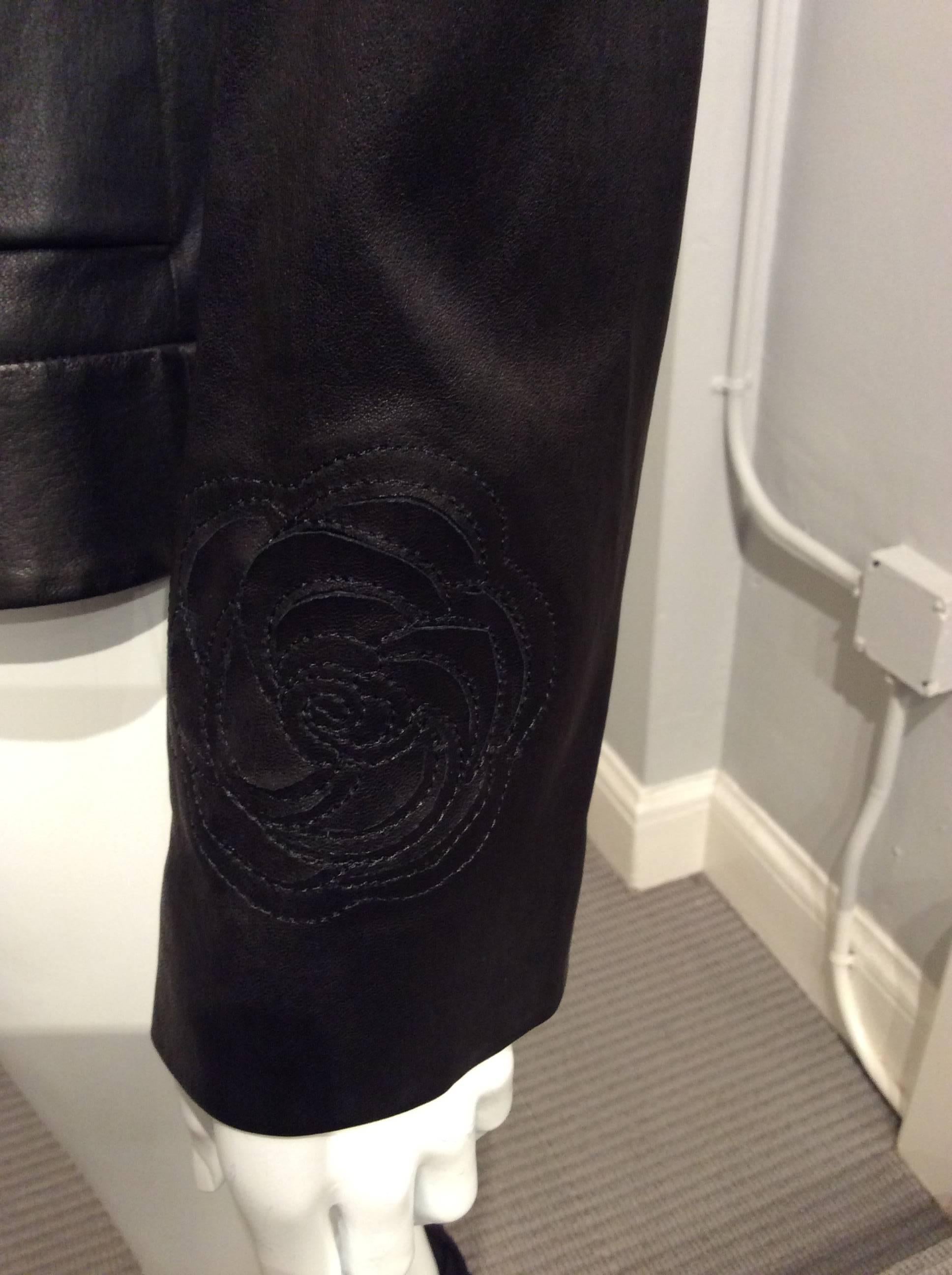 Women's Chanel Black Leather Jacket With Cutout Appliqué Camellias Sz 36 (US 4)