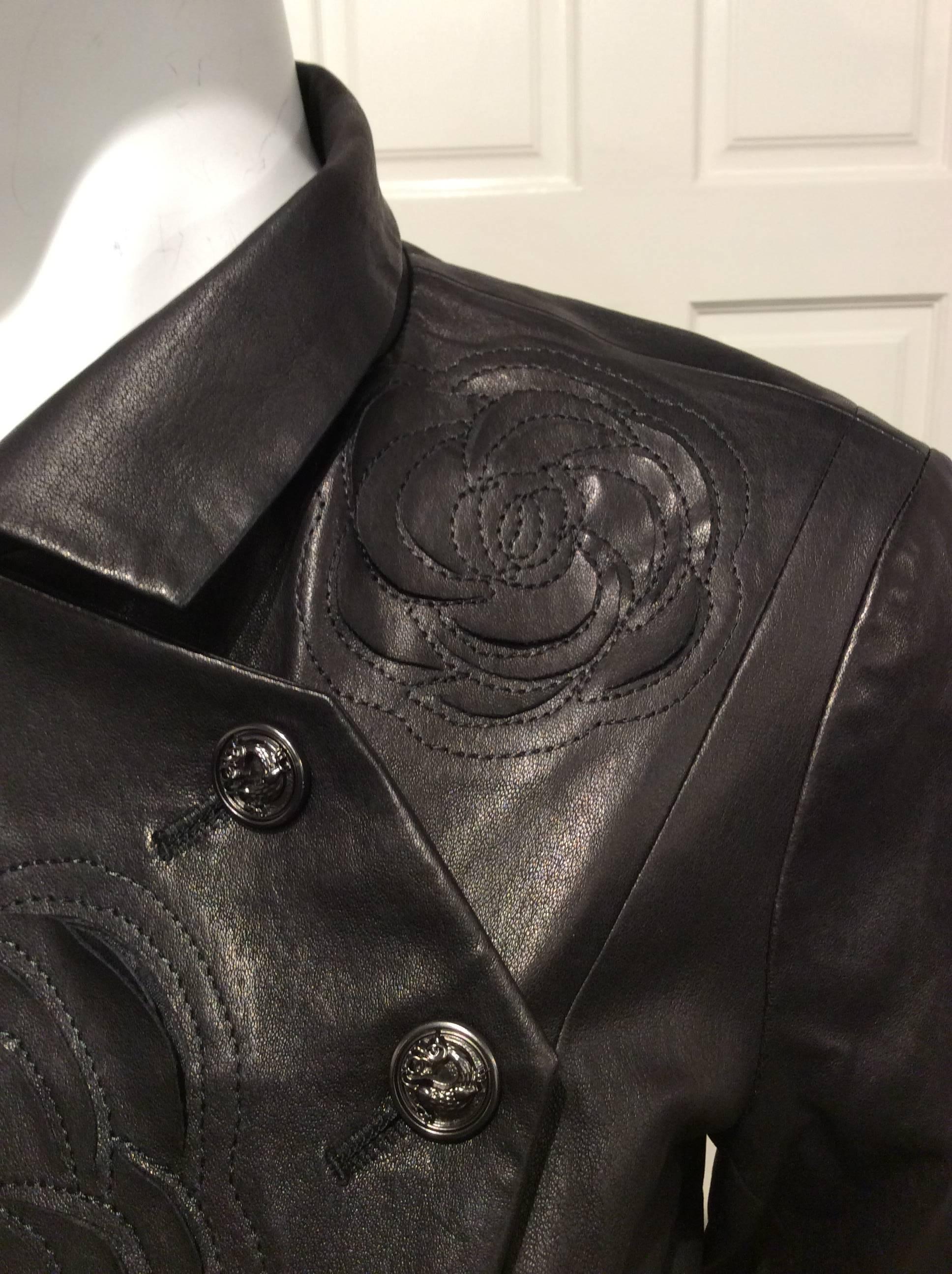 Chanel Black Leather Jacket With Cutout Appliqué Camellias Sz 36 (US 4) In New Condition In San Francisco, CA
