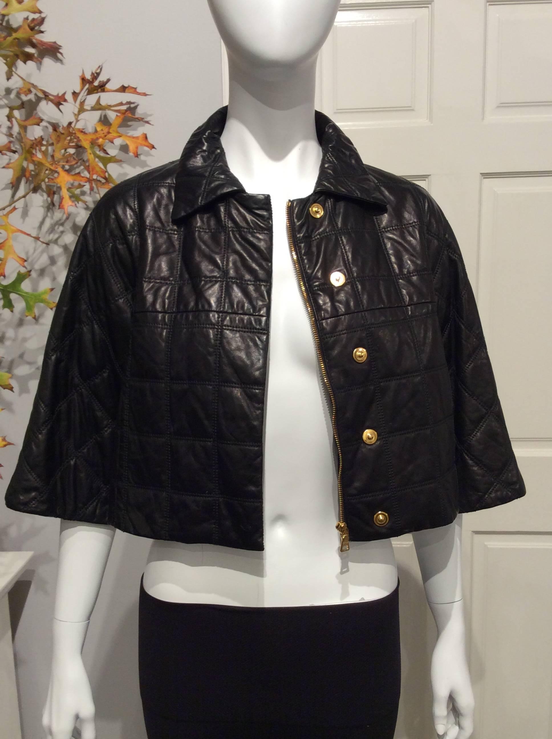 Prada Black With Quilted Pattern Leather Jacket Sz 38 (Us 2) For Sale 1