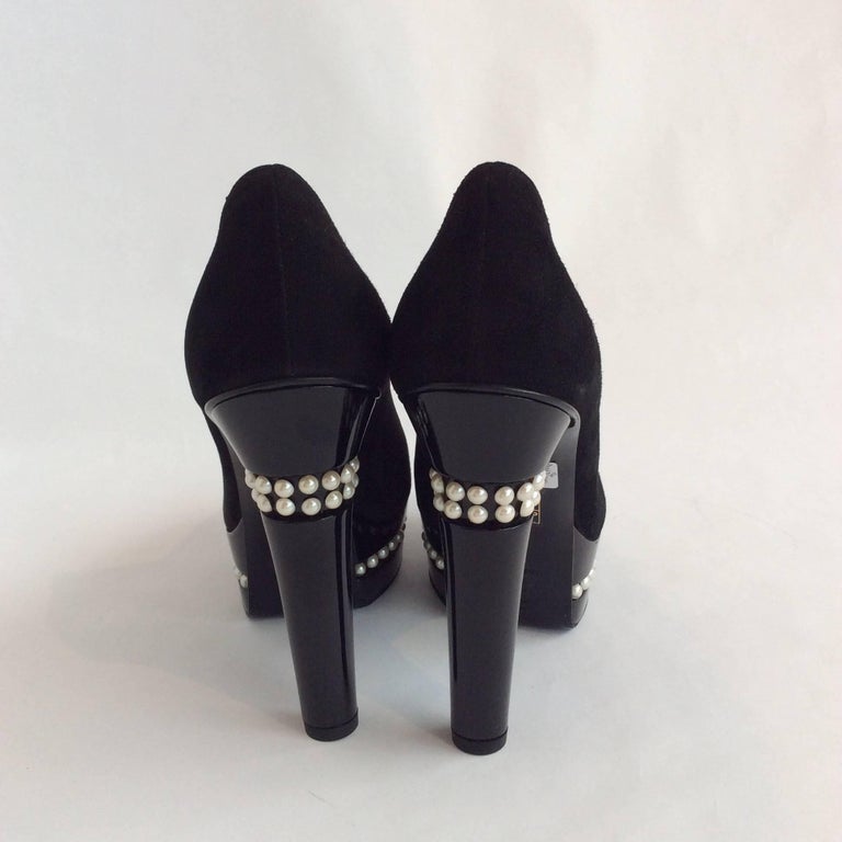 Chanel Black Suede And Patent Leather Platform Pumps With Pearl Detail ...