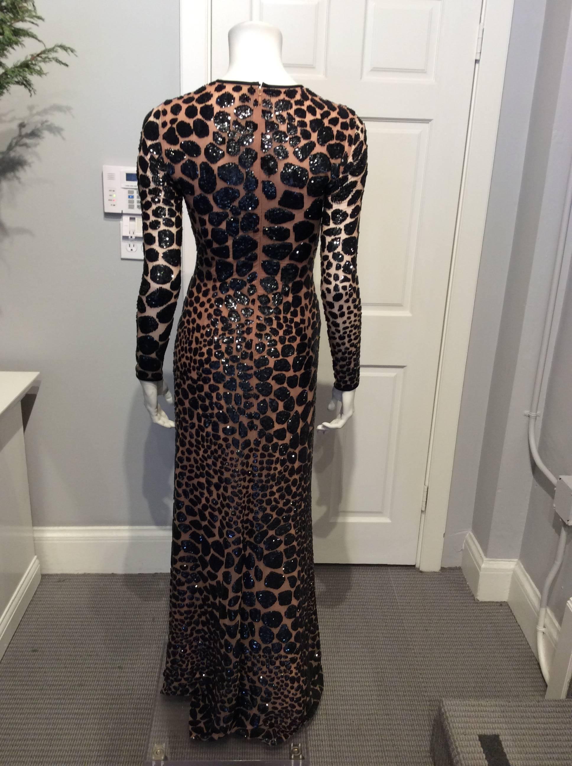 Michael Kors Nude Gown With Black Sequins Leopard Embroidery Sz2 In Excellent Condition For Sale In San Francisco, CA