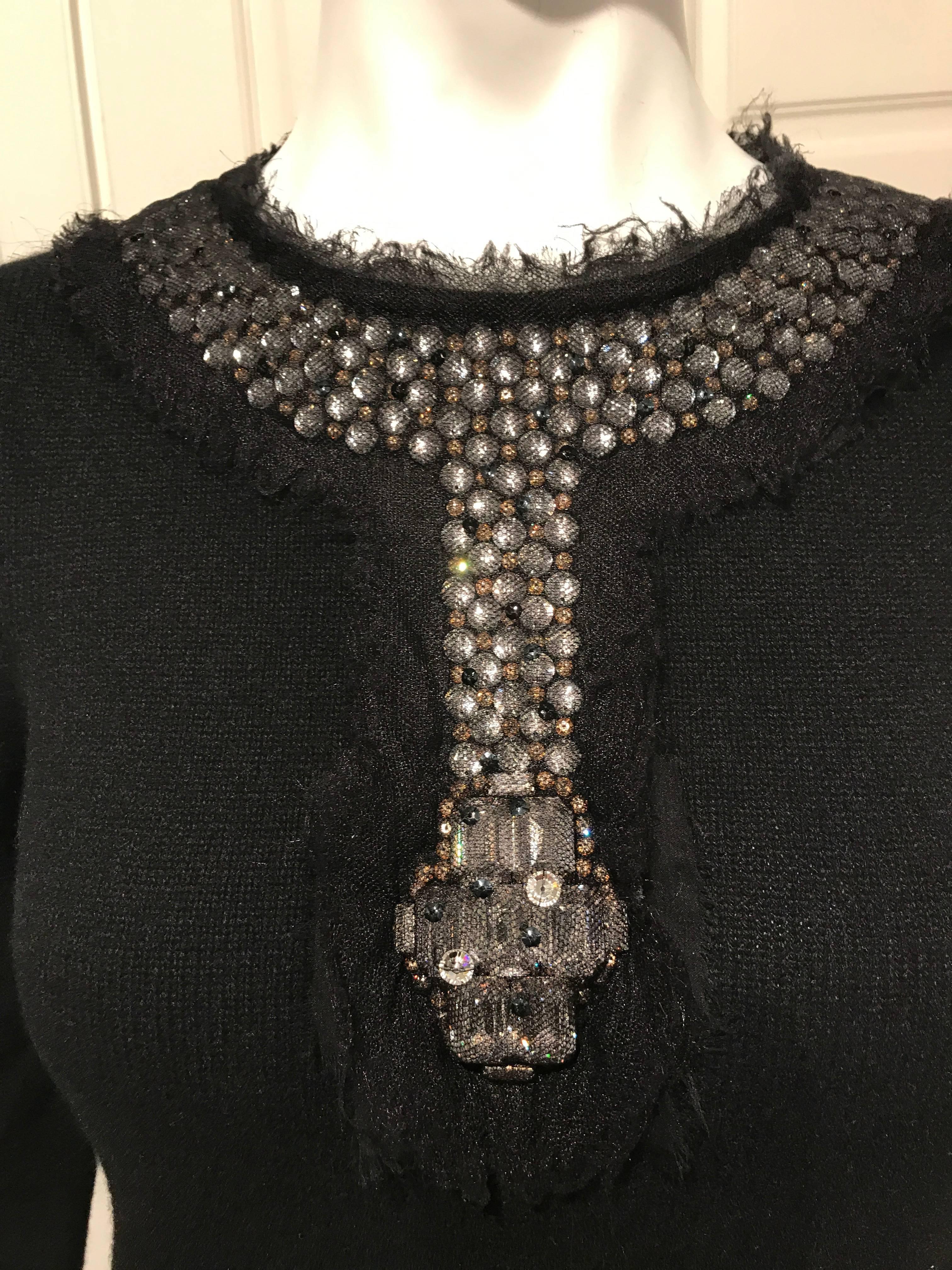 Chanel Black Cashmere Sweater With Jeweled Neckline Sz36 (Us4) For Sale 1