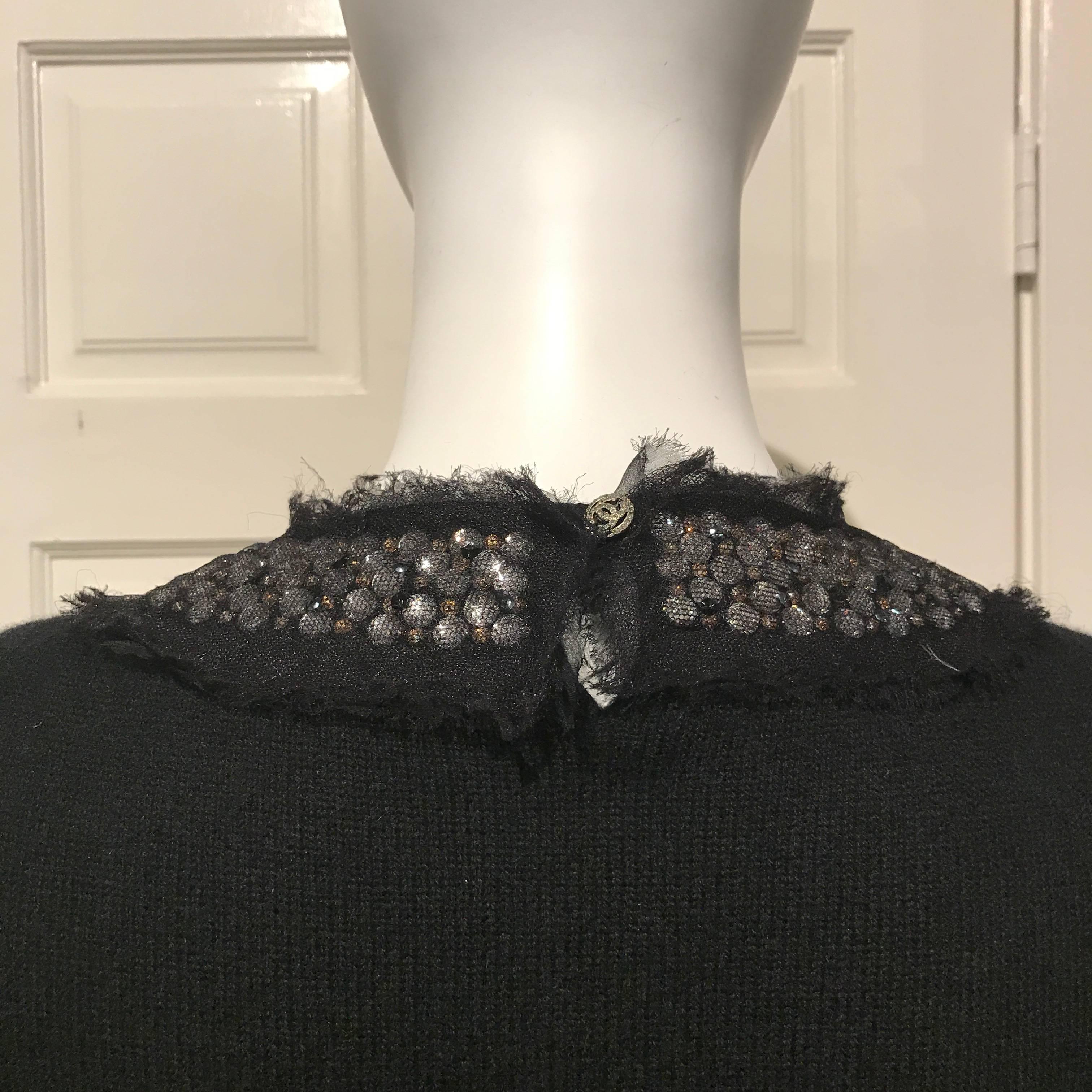 Chanel Black Cashmere Sweater With Jeweled Neckline Sz36 (Us4) In Excellent Condition For Sale In San Francisco, CA