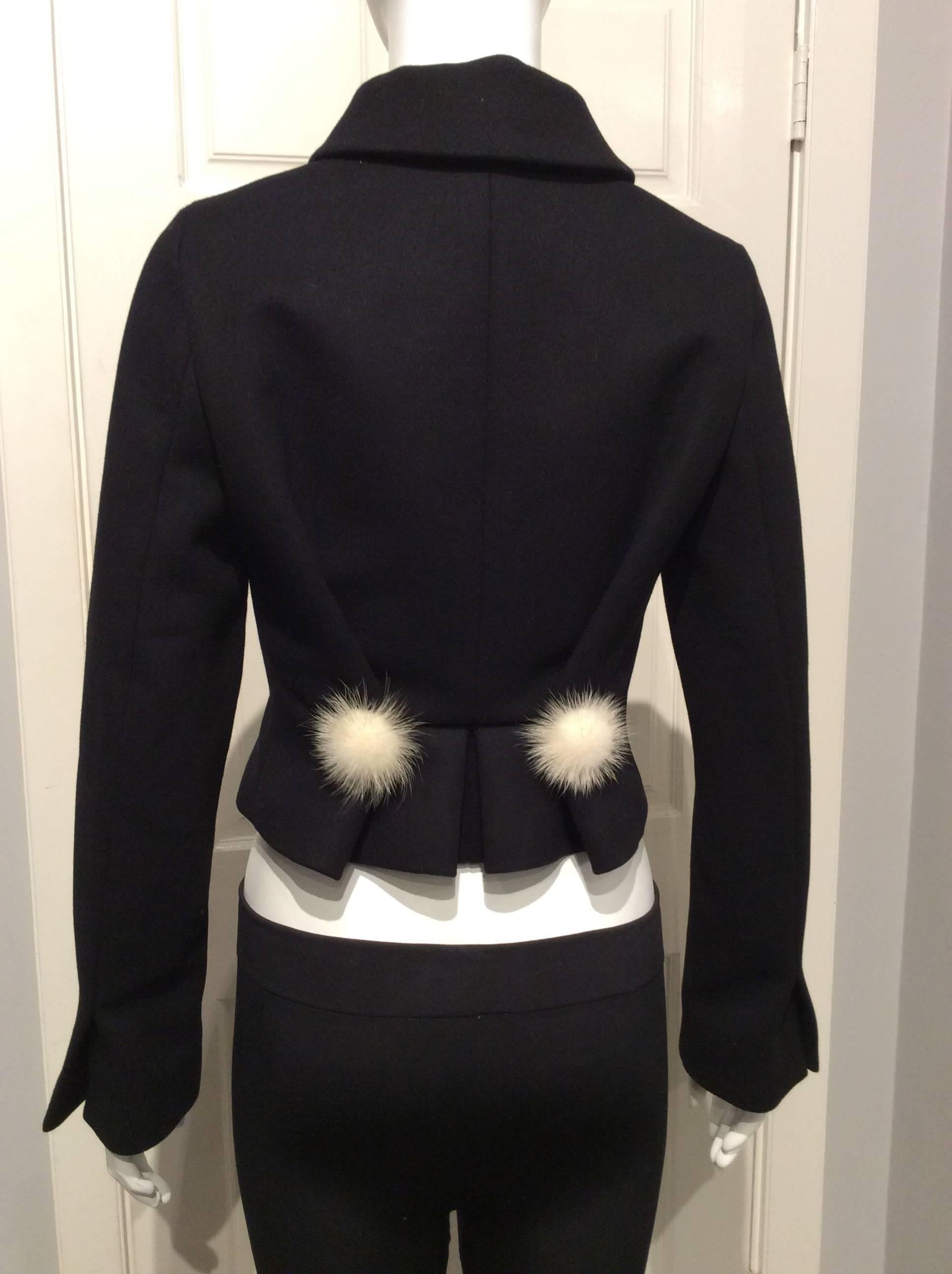 Women's Louis Vuitton Black Wool Jacket With White Mink Pompoms Sz36 (US4)