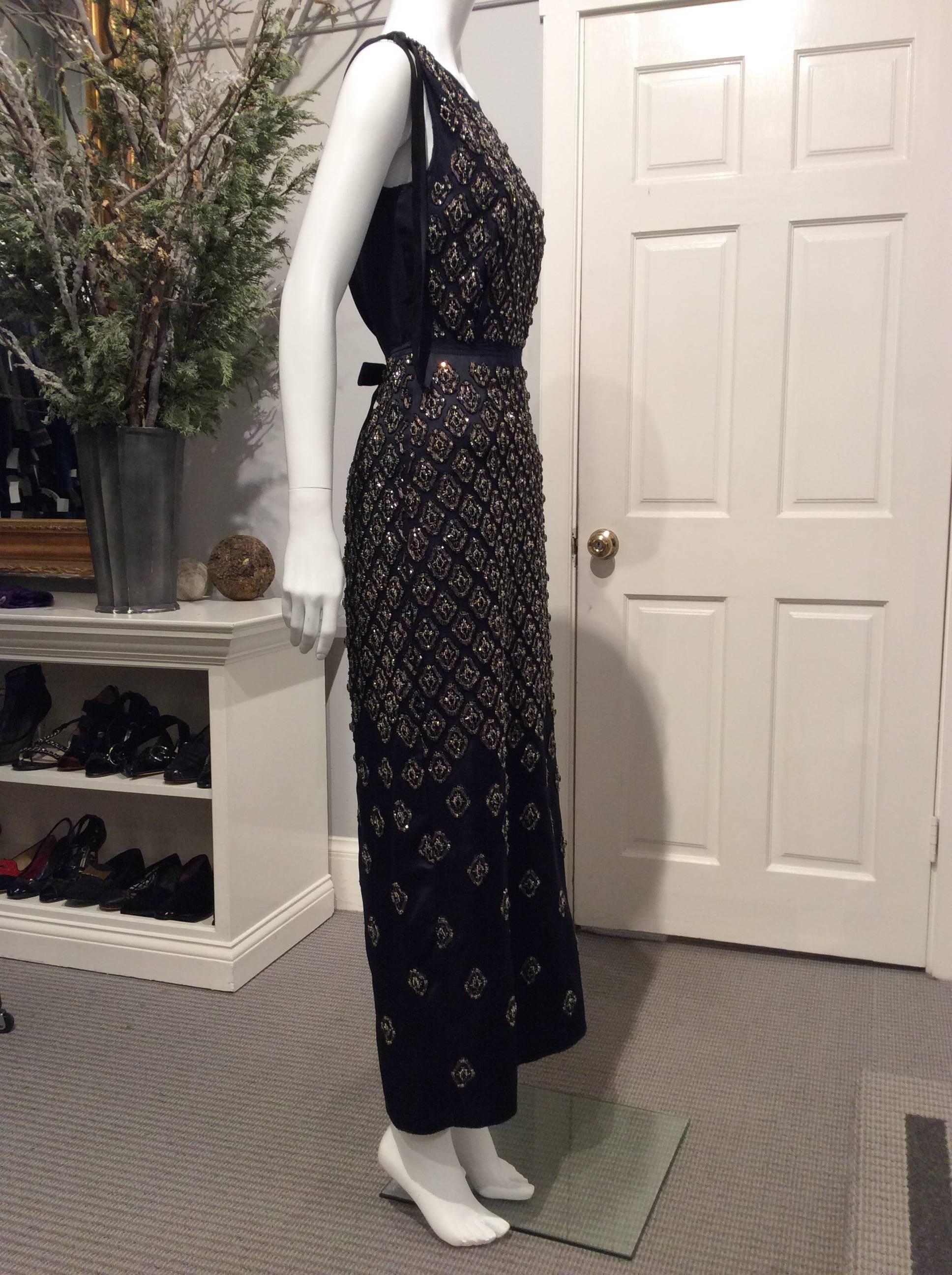Black Prada Midnight Blue Jewel Embroidered Satin Gown XS