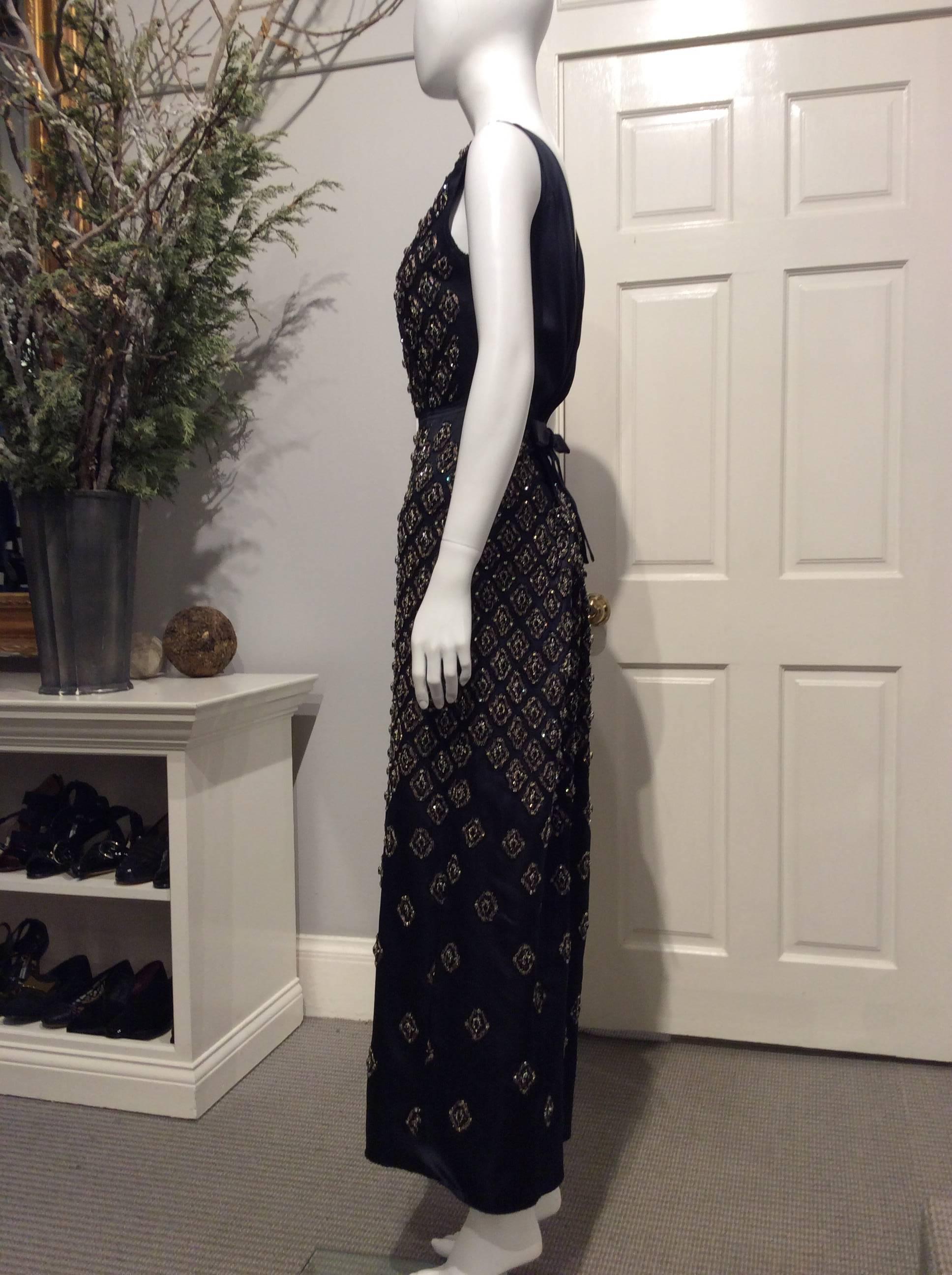 Prada Midnight Blue Jewel Embroidered Satin Gown XS In Excellent Condition In San Francisco, CA