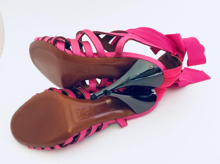 Lanvin Candy Pink Ribbon Sandals With Pewter Stiletto Heels Sz38 Eté