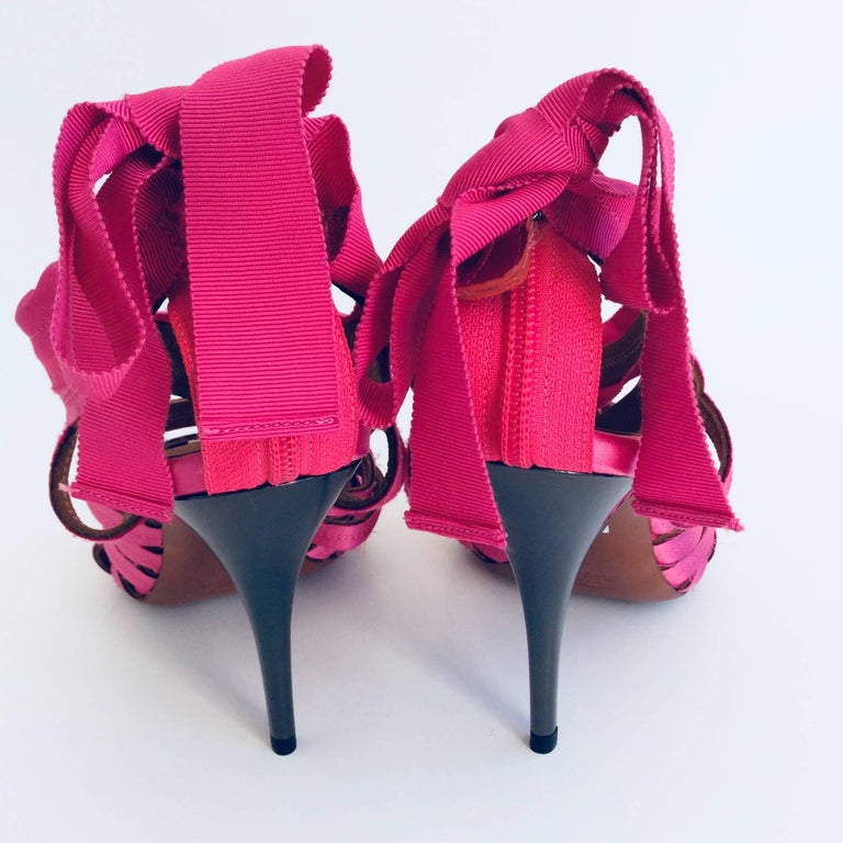 Lanvin Candy Pink Ribbon Sandals With Pewter Stiletto Heels Sz38 Eté