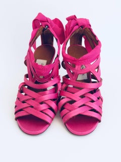 Lanvin Candy Pink Ribbon Sandals With Pewter Stiletto Heels Sz38  - Eté 2009