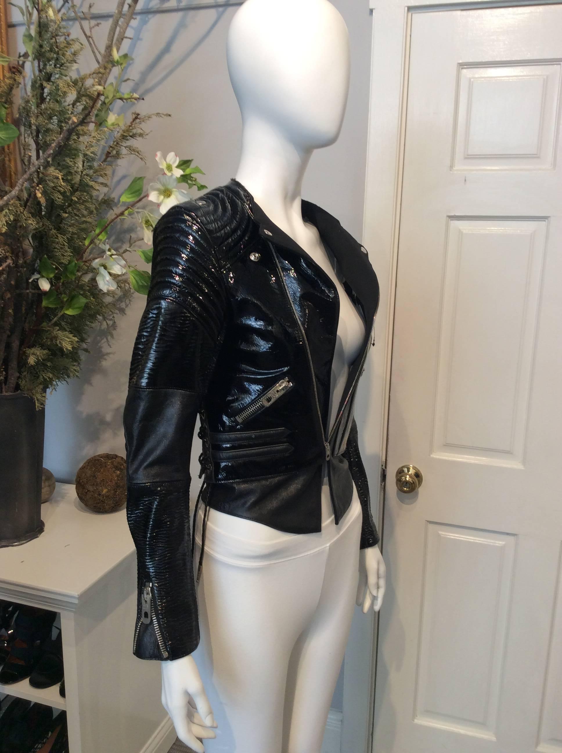 Balenciaga Black Patent Leather Textured Zippered Motorcycle Jacket  In New Condition For Sale In San Francisco, CA