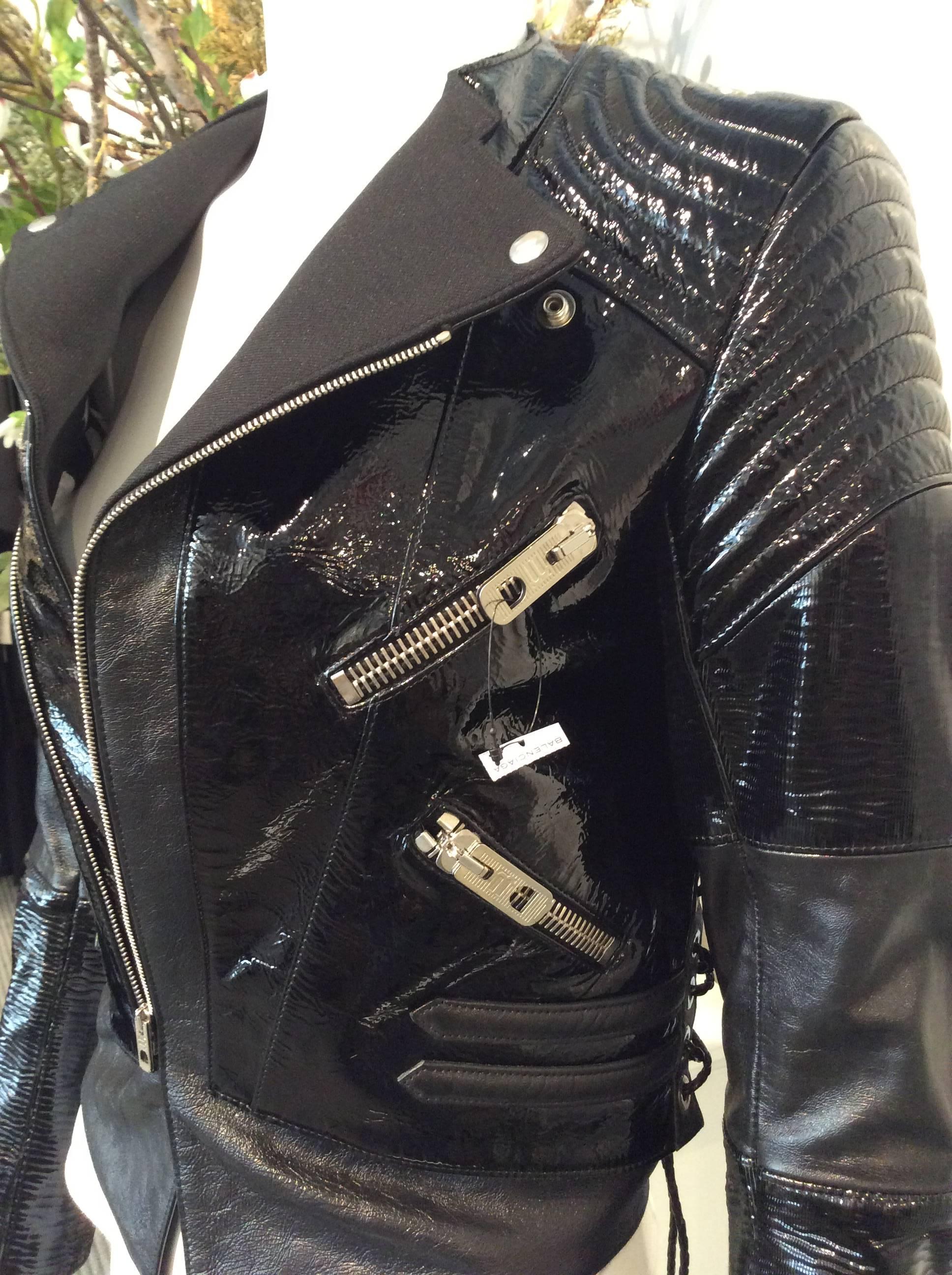 Balenciaga Black Patent Leather Textured Zippered Motorcycle Jacket  For Sale 1