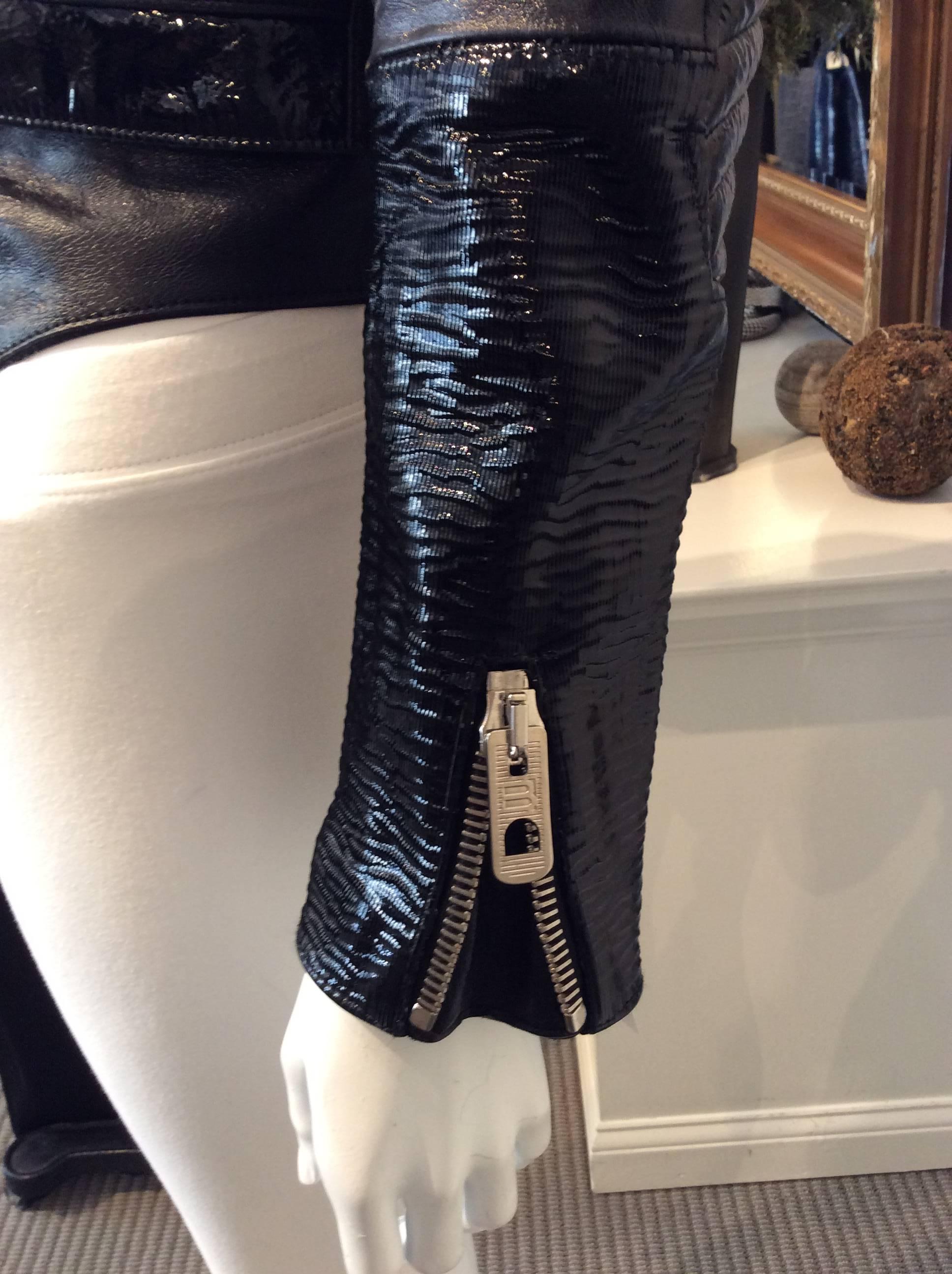 Balenciaga Black Patent Leather Textured Zippered Motorcycle Jacket  For Sale 2