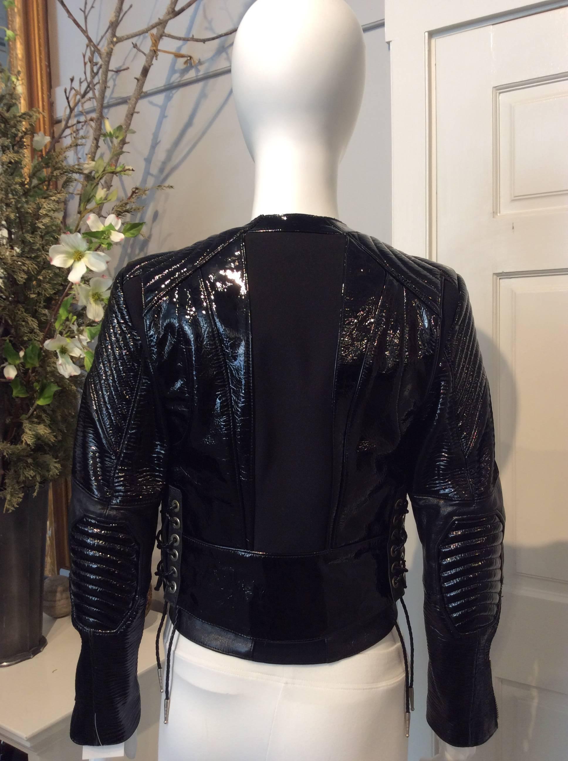 Women's Balenciaga Black Patent Leather Textured Zippered Motorcycle Jacket  For Sale