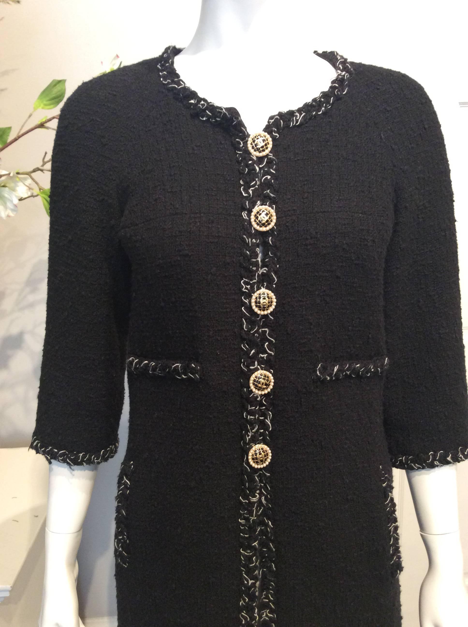 Chanel Black Tweed Coat W/ Braided Trim, Pearl and Black Enamel Buttons Sz36/Us4 For Sale 1