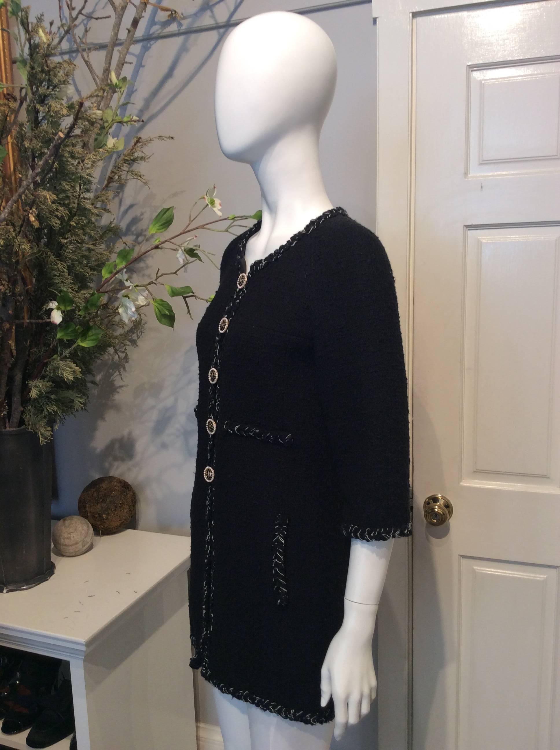 Chanel Black Tweed Coat W/ Braided Trim, Pearl and Black Enamel Buttons Sz36/Us4 In Excellent Condition For Sale In San Francisco, CA