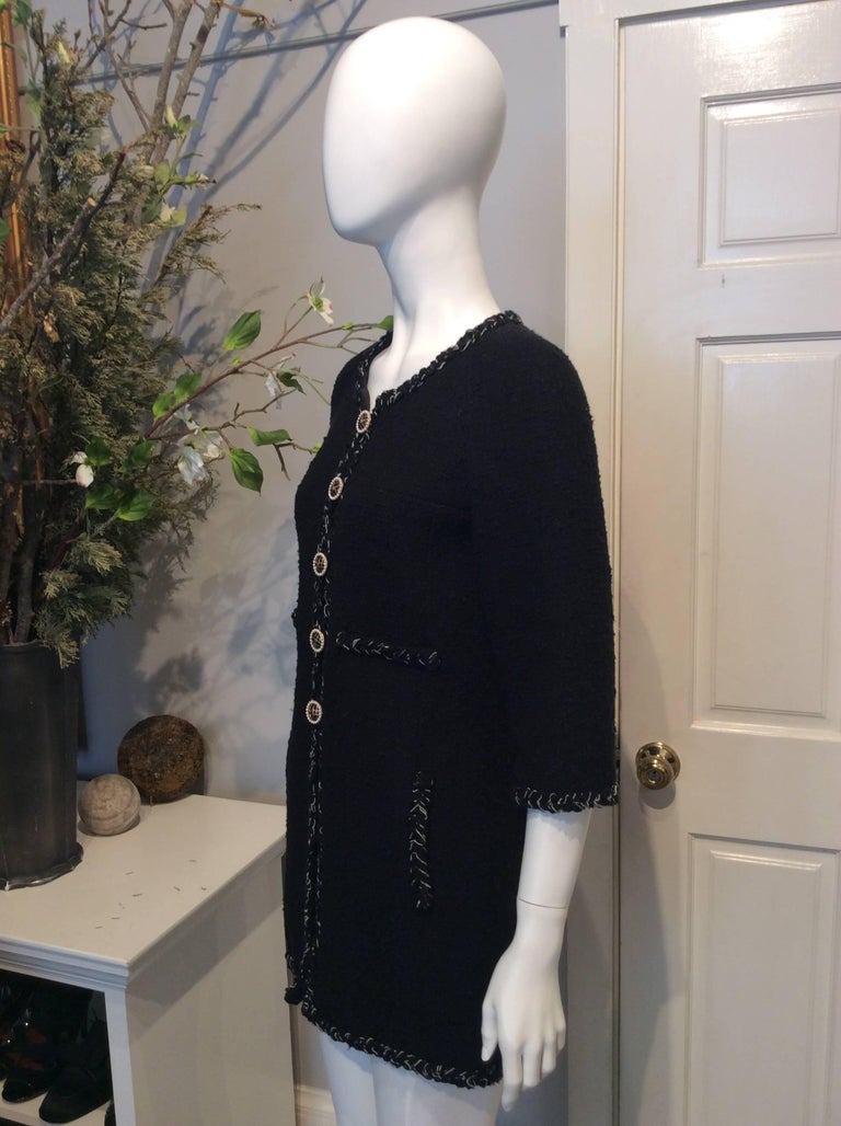 Chanel Black Tweed Coat W/ Braided Trim, Pearl and Black Enamel Buttons ...