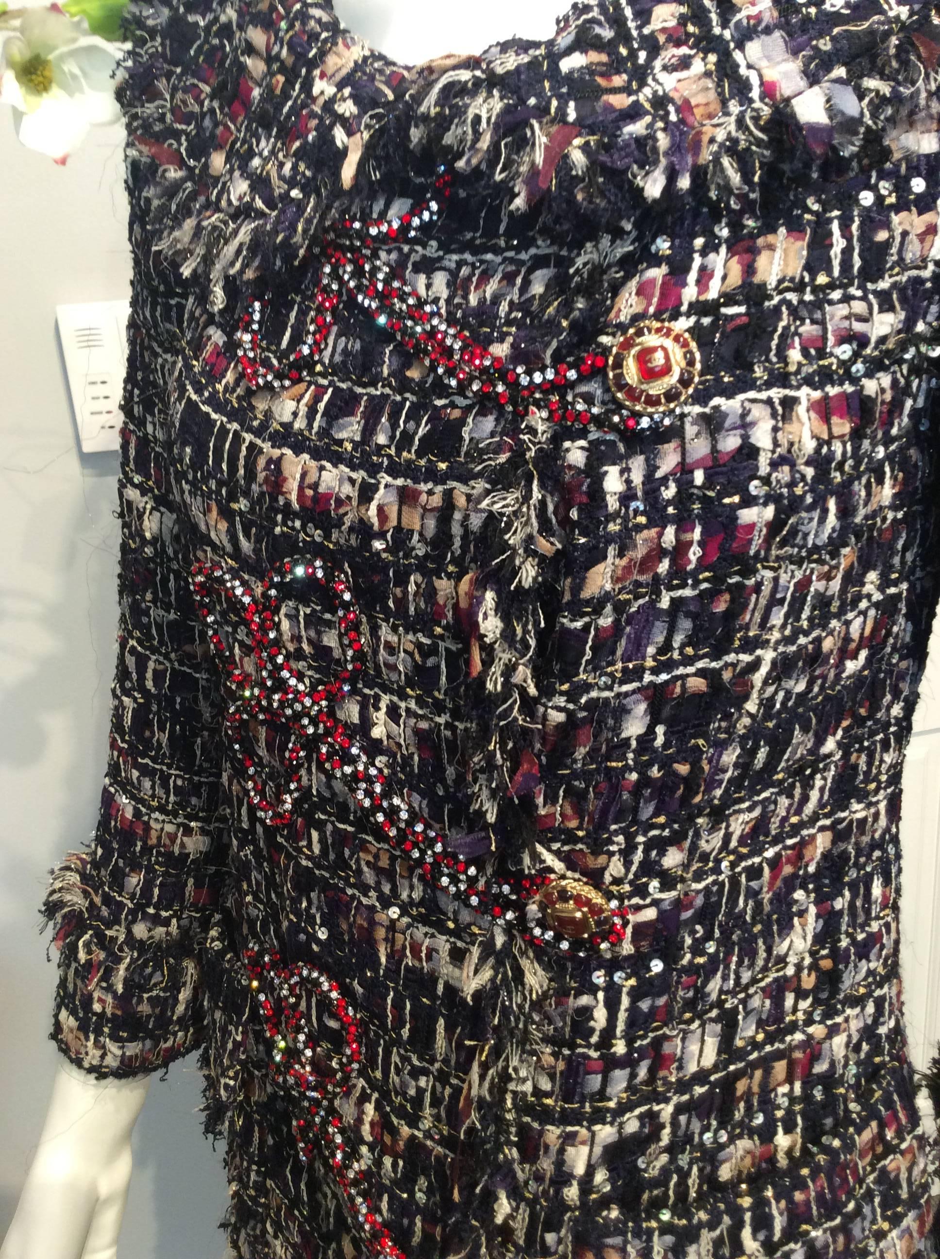 Chanel Multicolor Tweed Jacket with Red and White Crystals and Gripoix Buttons In Excellent Condition For Sale In San Francisco, CA