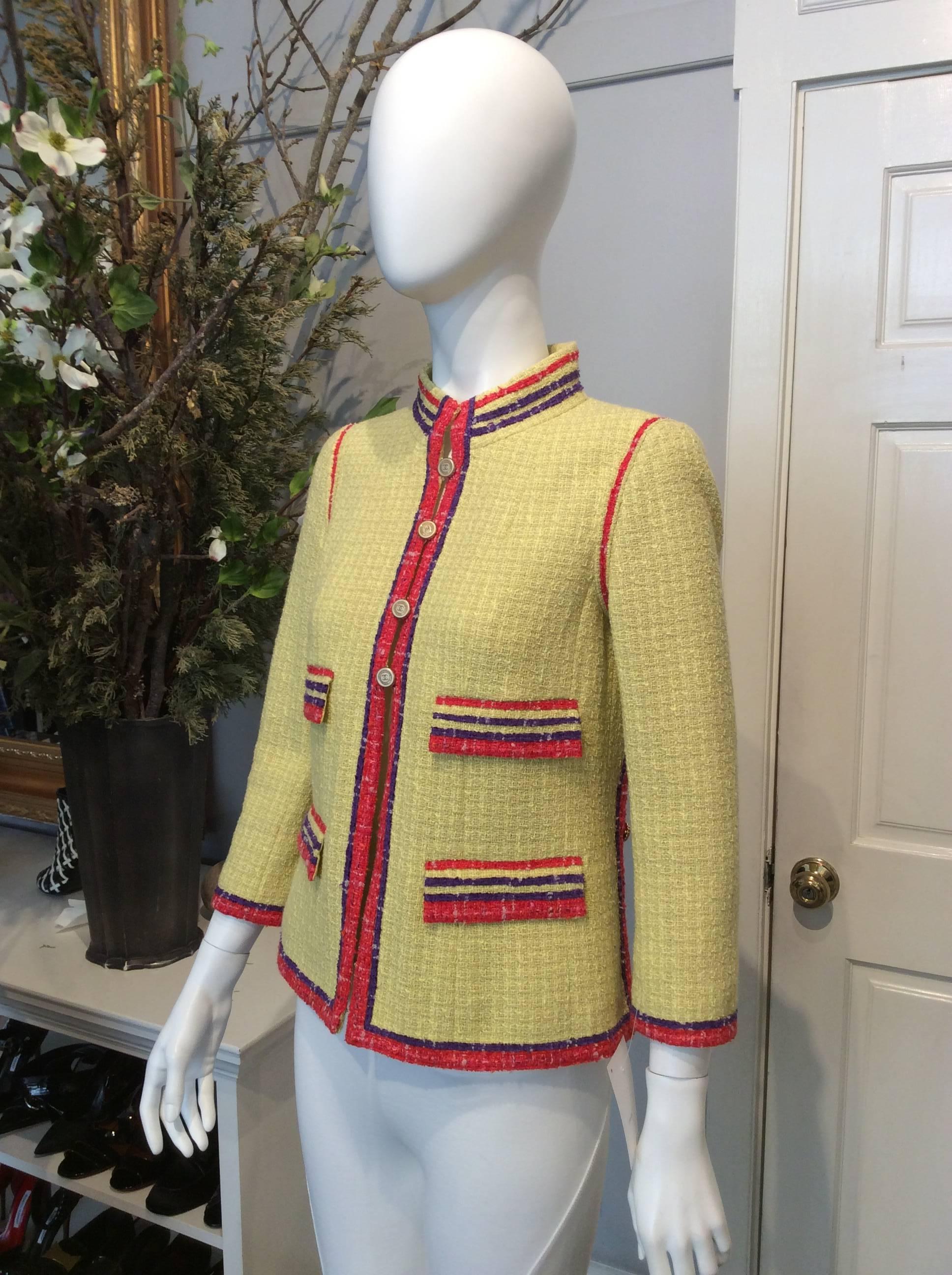 Brown Chanel Yellow Tweed Jacket w/ Red and Purple Trim And Gold Buttons Sz34, Us2