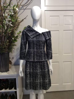 Chanel Navy, White Tweed Skirt Suit w/ Off-the-Shoulder Jacket Sz34/Us2