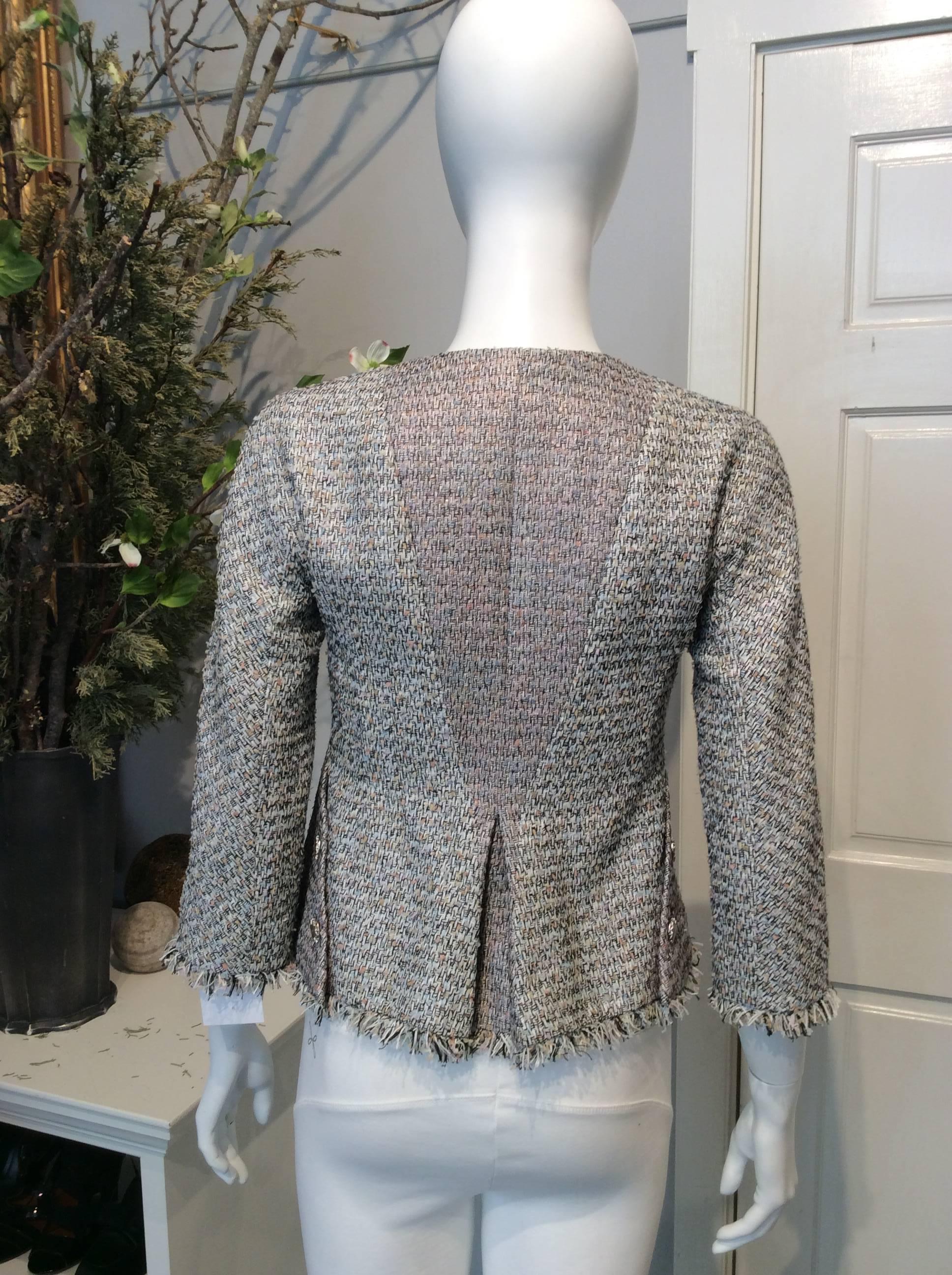 Chanel Gray, White, Pink, Light Blue Tweed Zippered Fringe Jacket Sz34/Us2 In Excellent Condition For Sale In San Francisco, CA