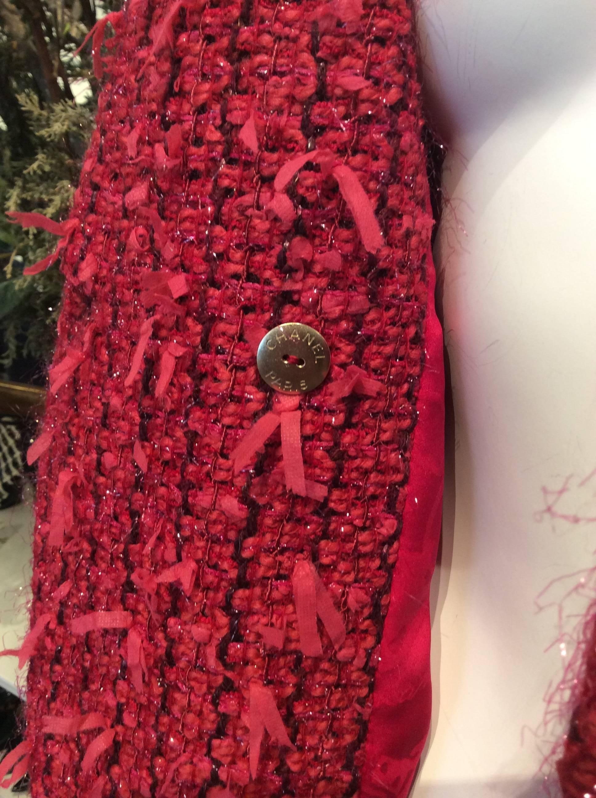 Chanel Raspberry and Plum Full-Length Tweed Coat with Fringe Sz Fr36, Us4 1