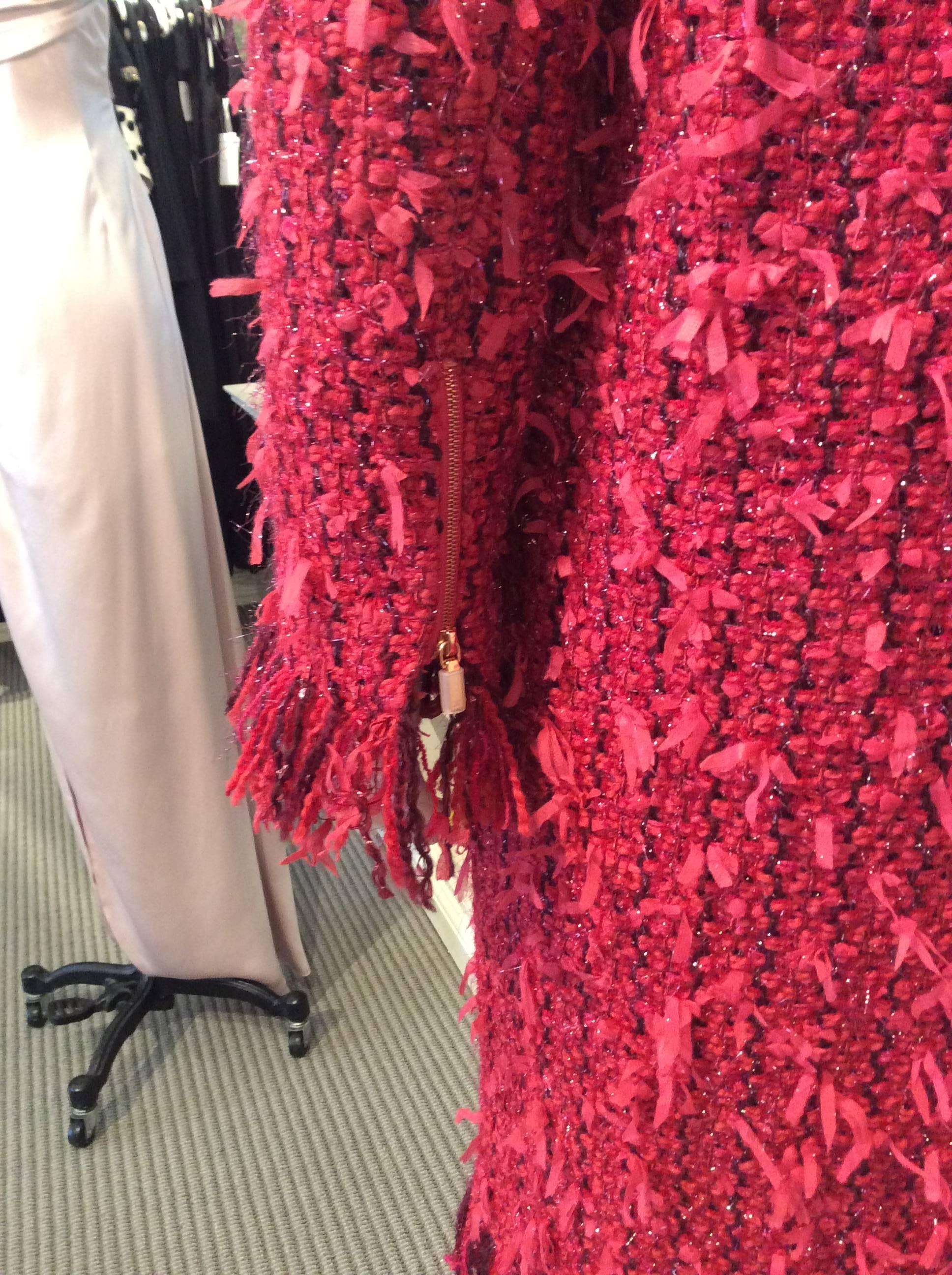Chanel Raspberry and Plum Full-Length Tweed Coat with Fringe Sz Fr36, Us4 3