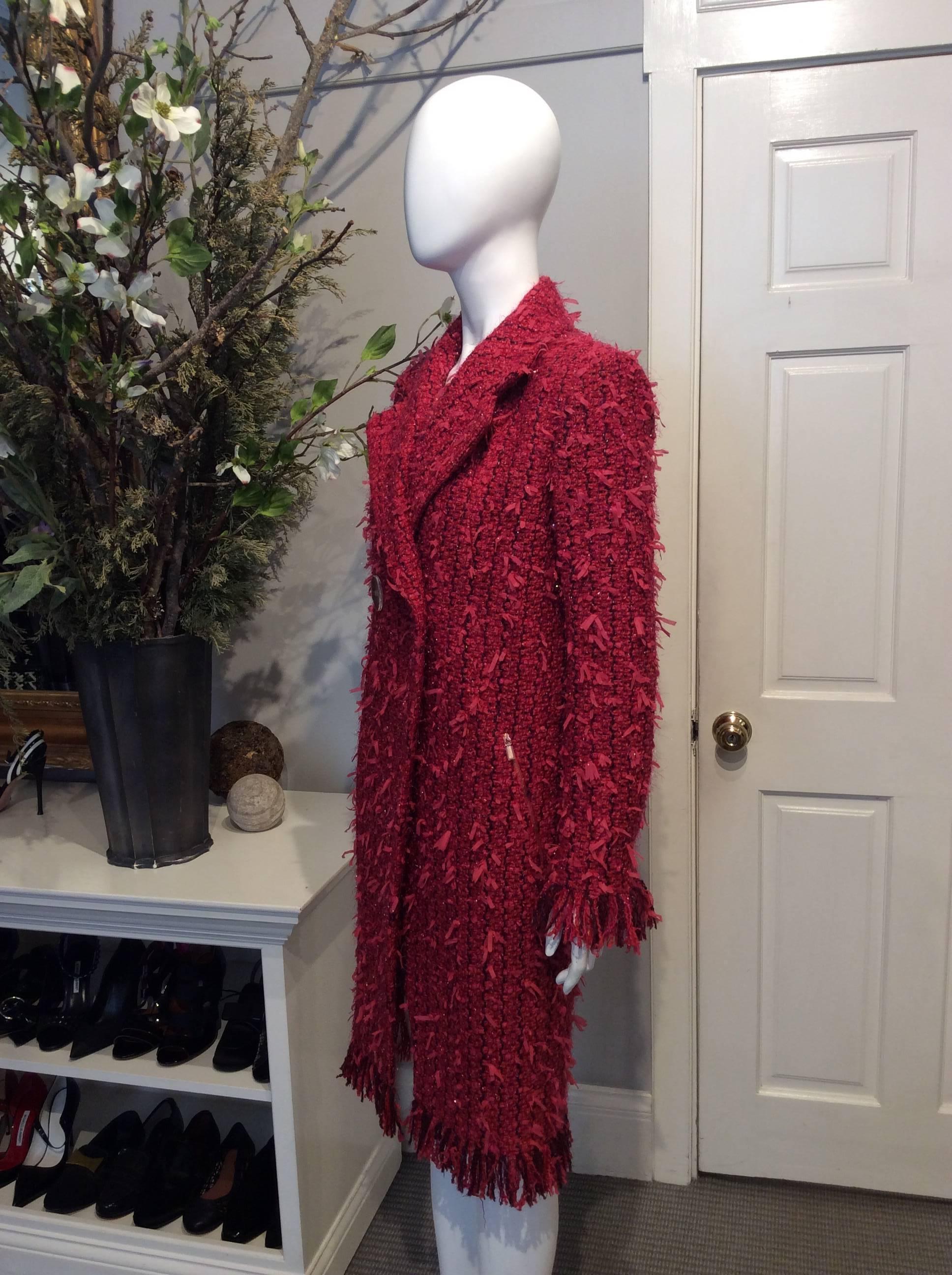 Red Chanel Raspberry and Plum Full-Length Tweed Coat with Fringe Sz Fr36, Us4