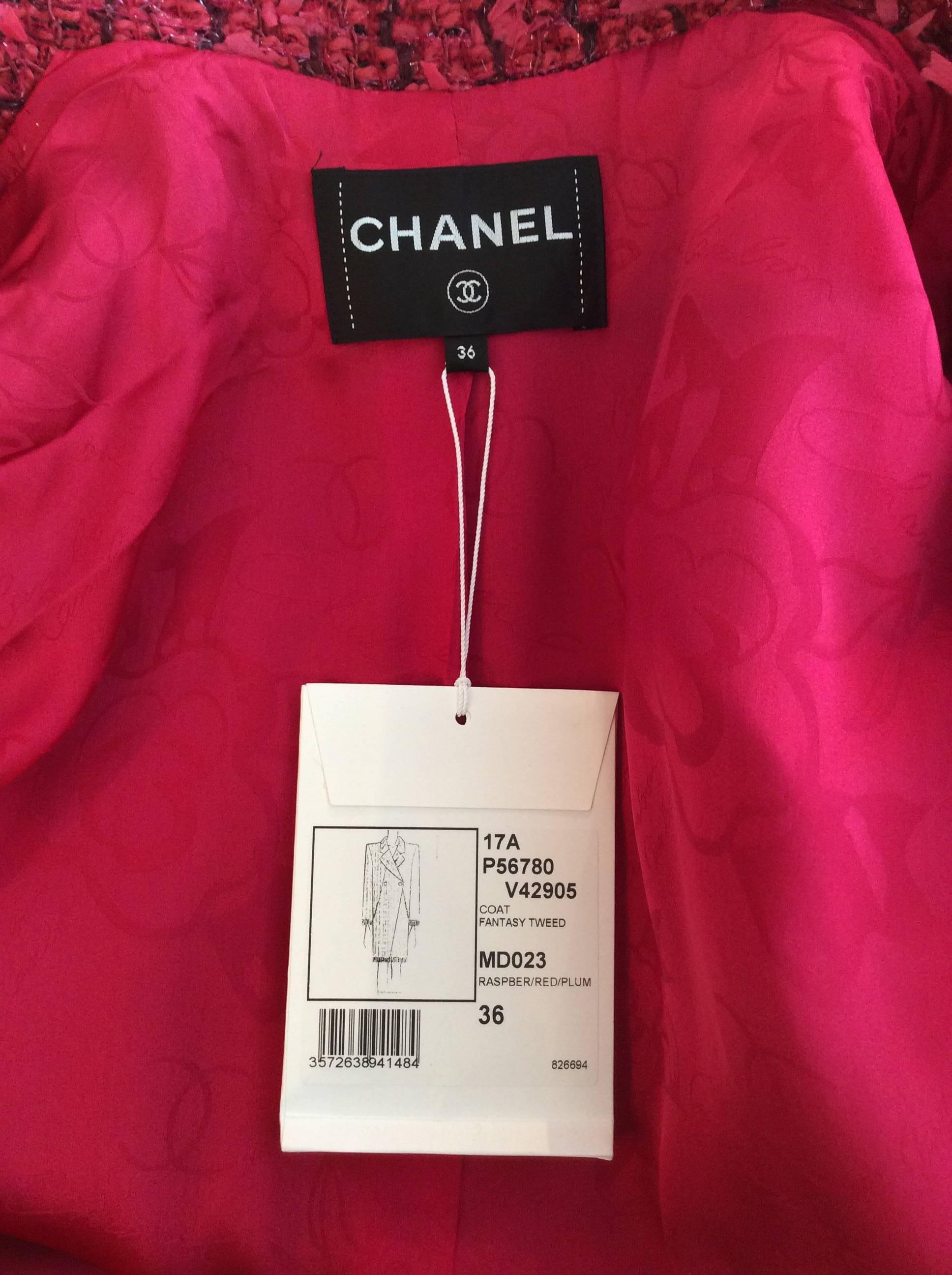 Chanel Raspberry and Plum Full-Length Tweed Coat with Fringe Sz Fr36, Us4 4