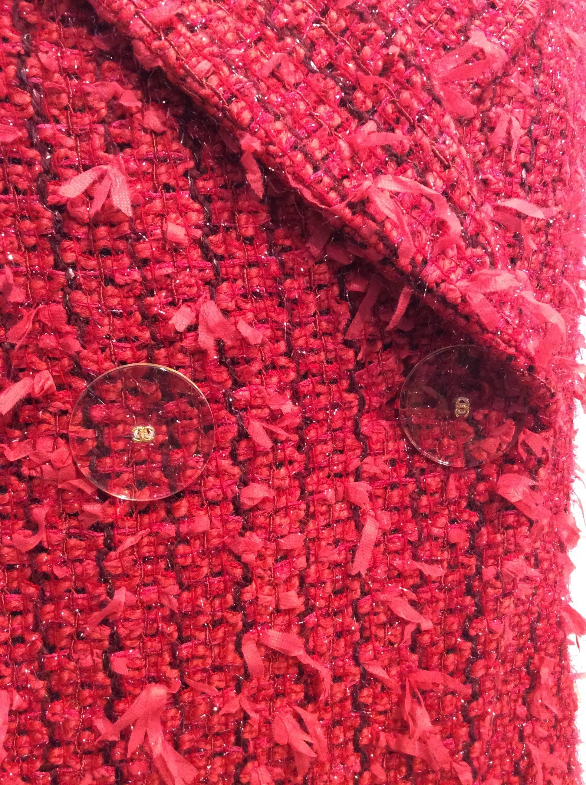 Women's Chanel Raspberry and Plum Full-Length Tweed Coat with Fringe Sz Fr36, Us4