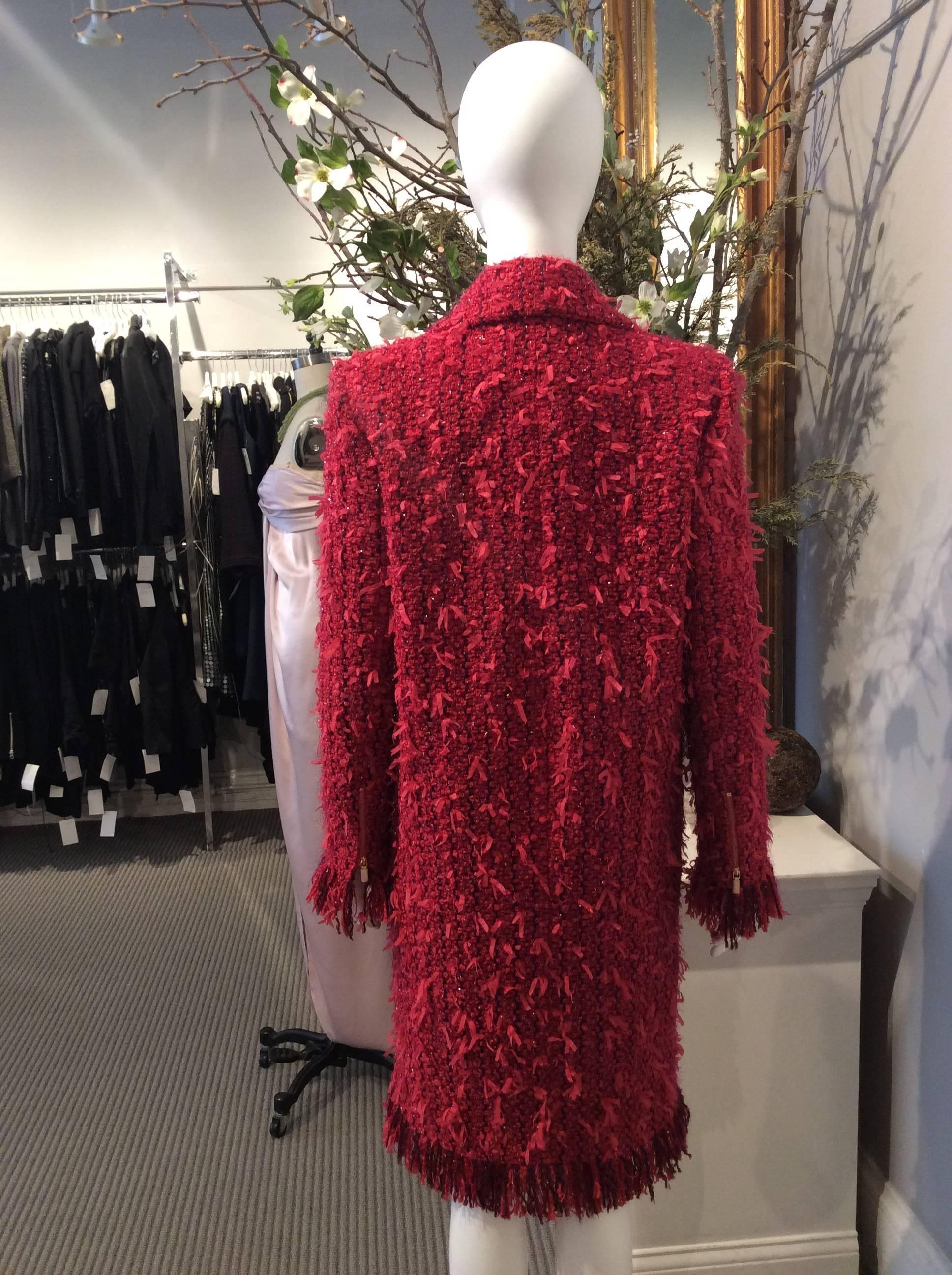Chanel Raspberry and Plum Full-Length Tweed Coat with Fringe Sz Fr36, Us4 In New Condition In San Francisco, CA