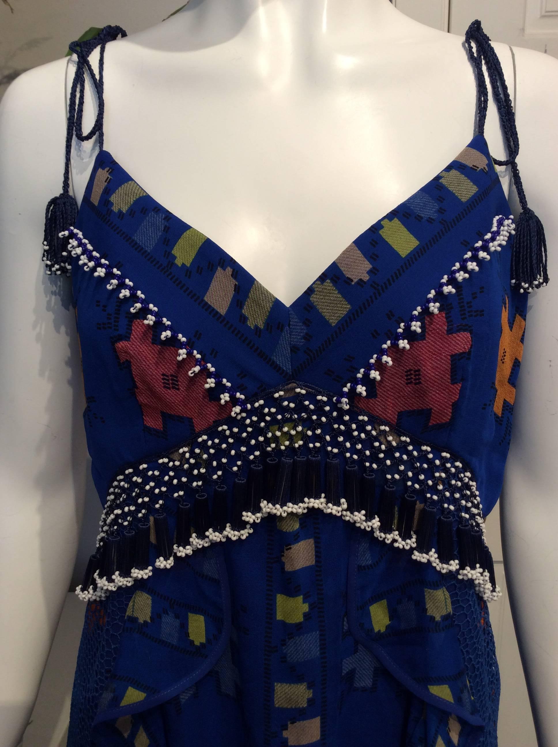 Women's Zeynep Tosun Royal Blue Sleeveless Dress w/ Multicolor Tribal Pattern, Beads Sz2