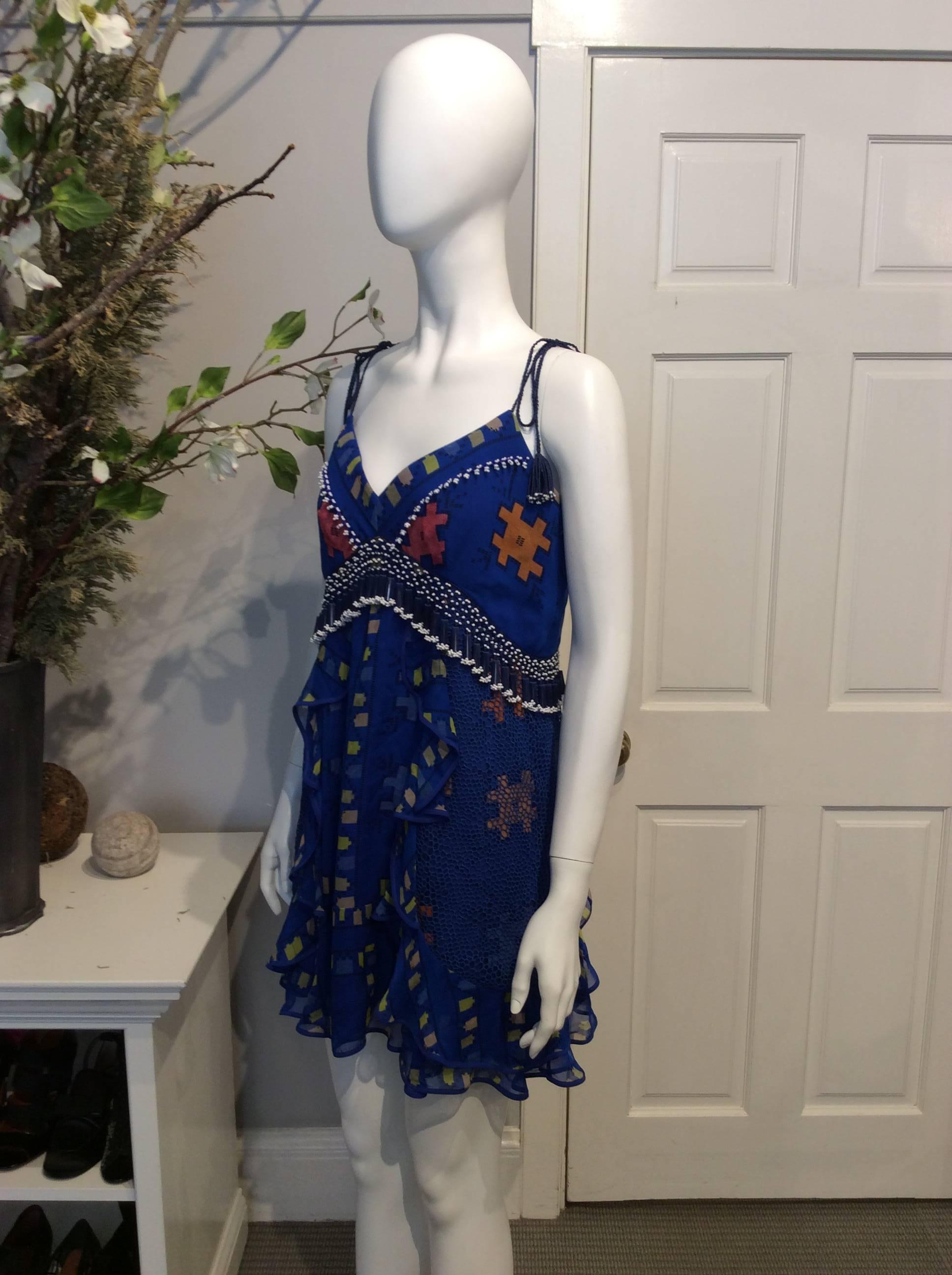 Black Zeynep Tosun Royal Blue Sleeveless Dress w/ Multicolor Tribal Pattern, Beads Sz2