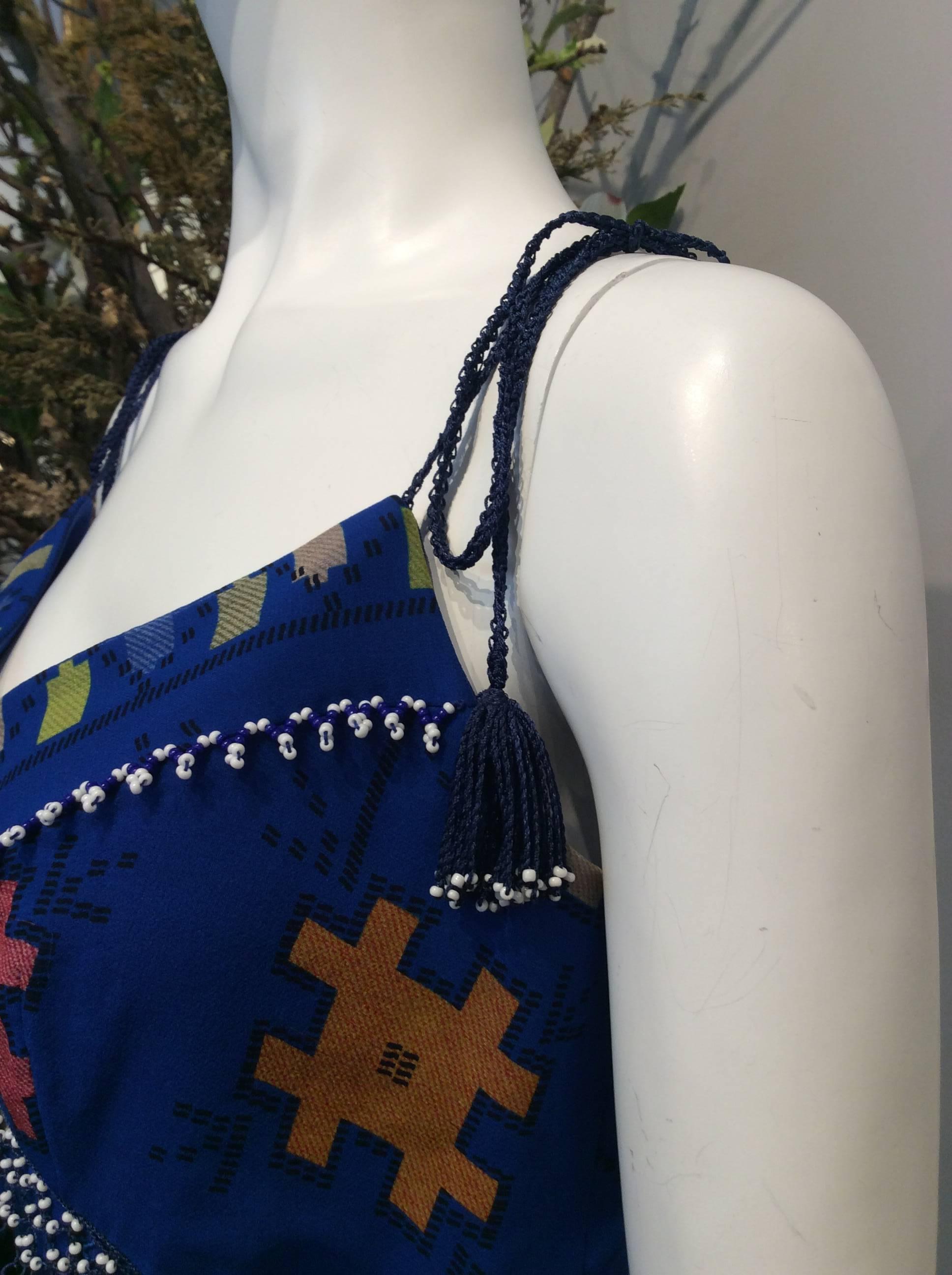 Zeynep Tosun Royal Blue Sleeveless Dress w/ Multicolor Tribal Pattern, Beads Sz2 1
